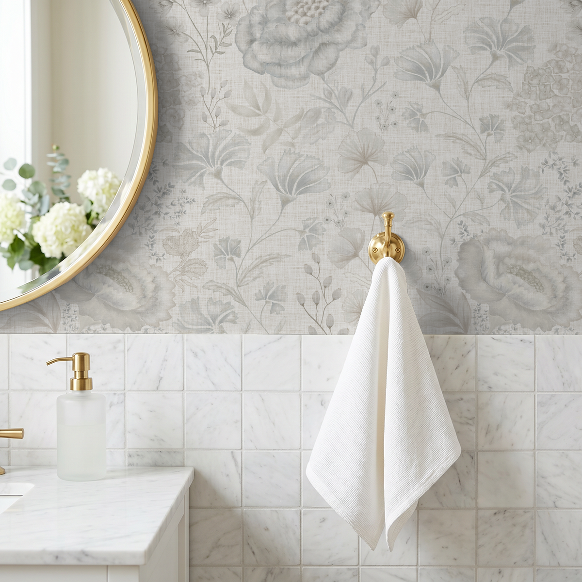 Pottery & Linen Floral wallpaper in a bathroom with marble tile, brass towel hook and round gold mirror.