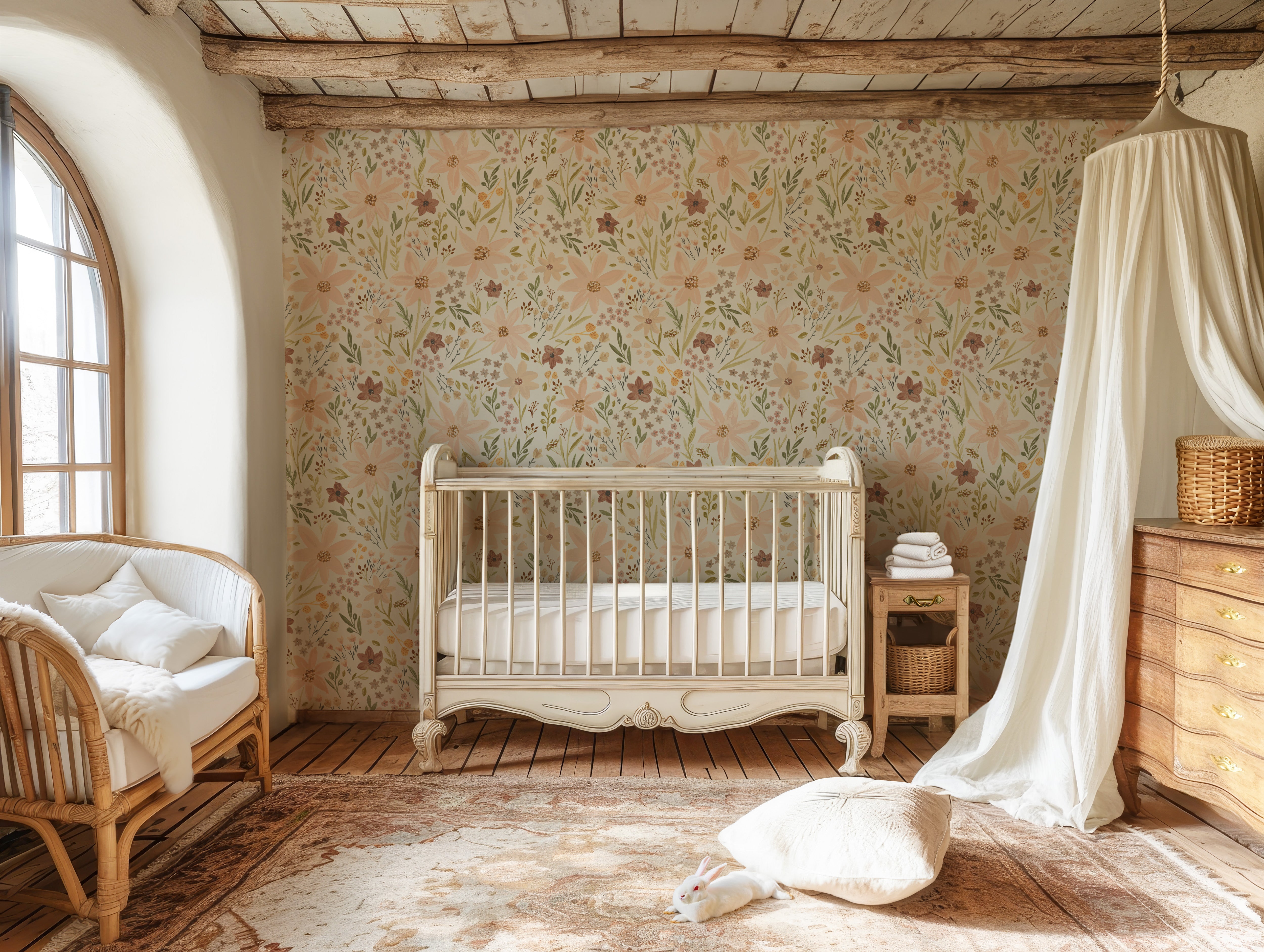 Nursery room with floral wallpaper, wooden crib, and decorative elements.