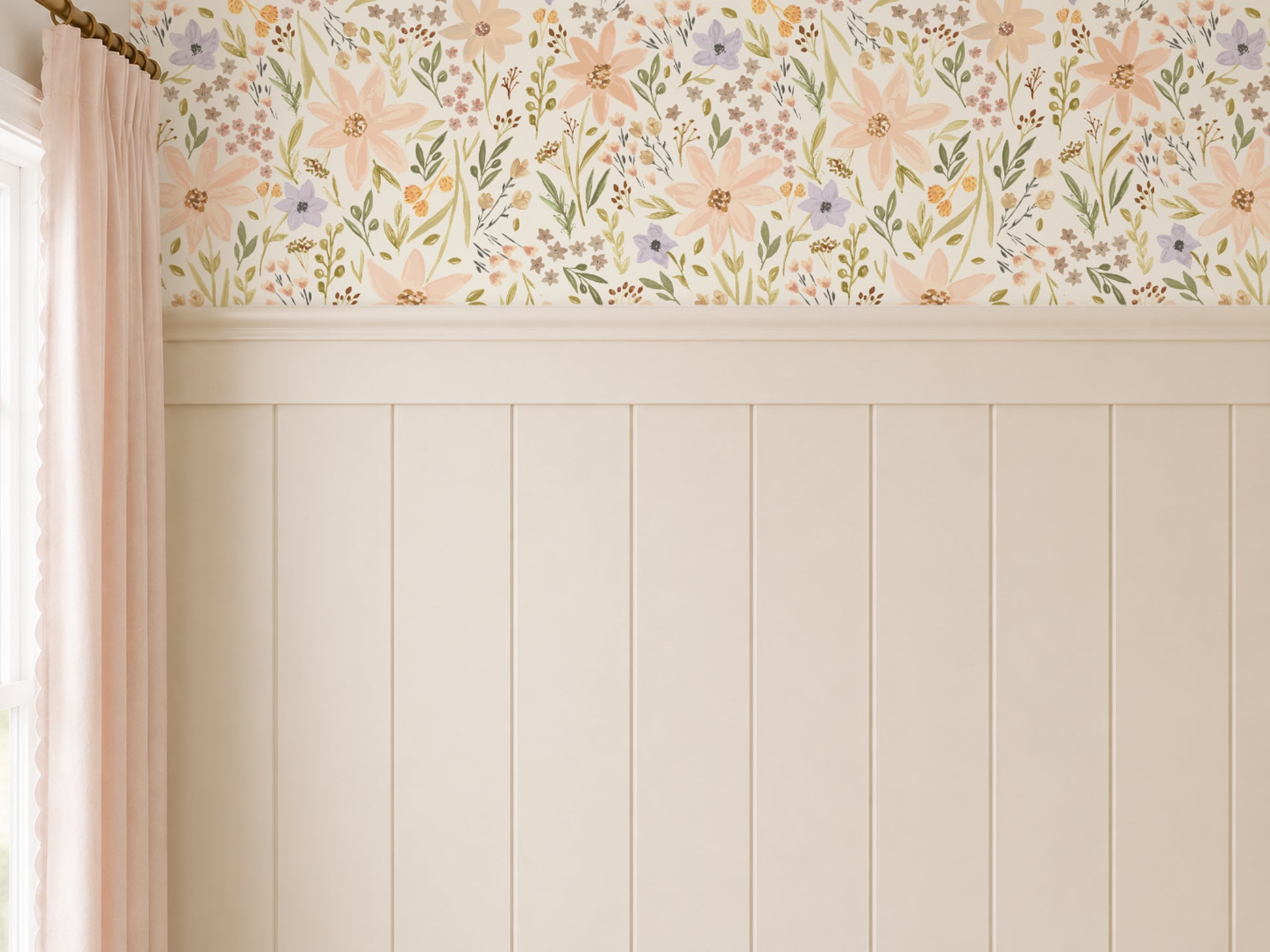 A styled interior wall featuring a cream vertical paneled lower section and a floral border wallpaper above it. The wallpaper has a delicate pattern of peach, pink, purple, and green flowers and foliage on a light background.
