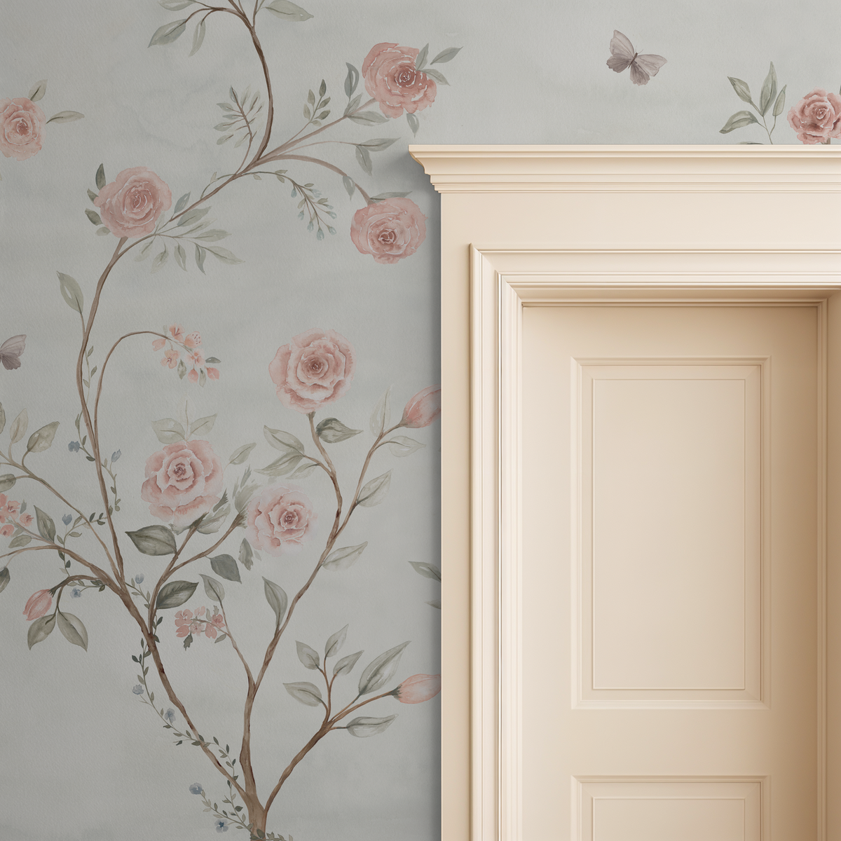 Delicate watercolor rose wallpaper with botanical branches and butterflies beside a cream door.
