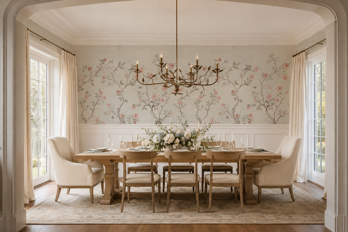 A beautifully styled dining room featuring a light wood dining table, six cream upholstered chairs, a large multi-light chandelier, and a wall covered in delicate floral and bird wallpaper. The room is framed by an arched doorway with cream curtains and tall windows.