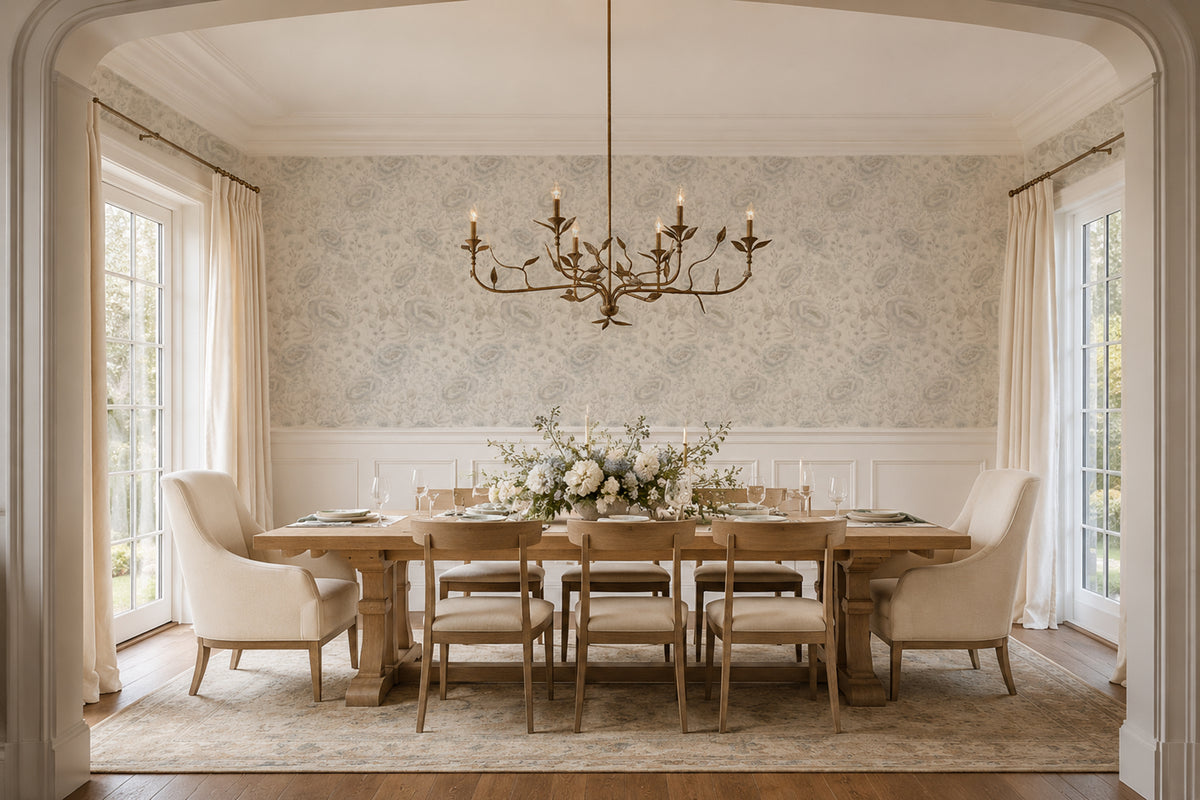 A beautifully styled dining room featuring a light wood dining table, six upholstered cream chairs, a large multi-arm brass chandelier, and elegant floral centerpieces against a patterned wallpapered wall.