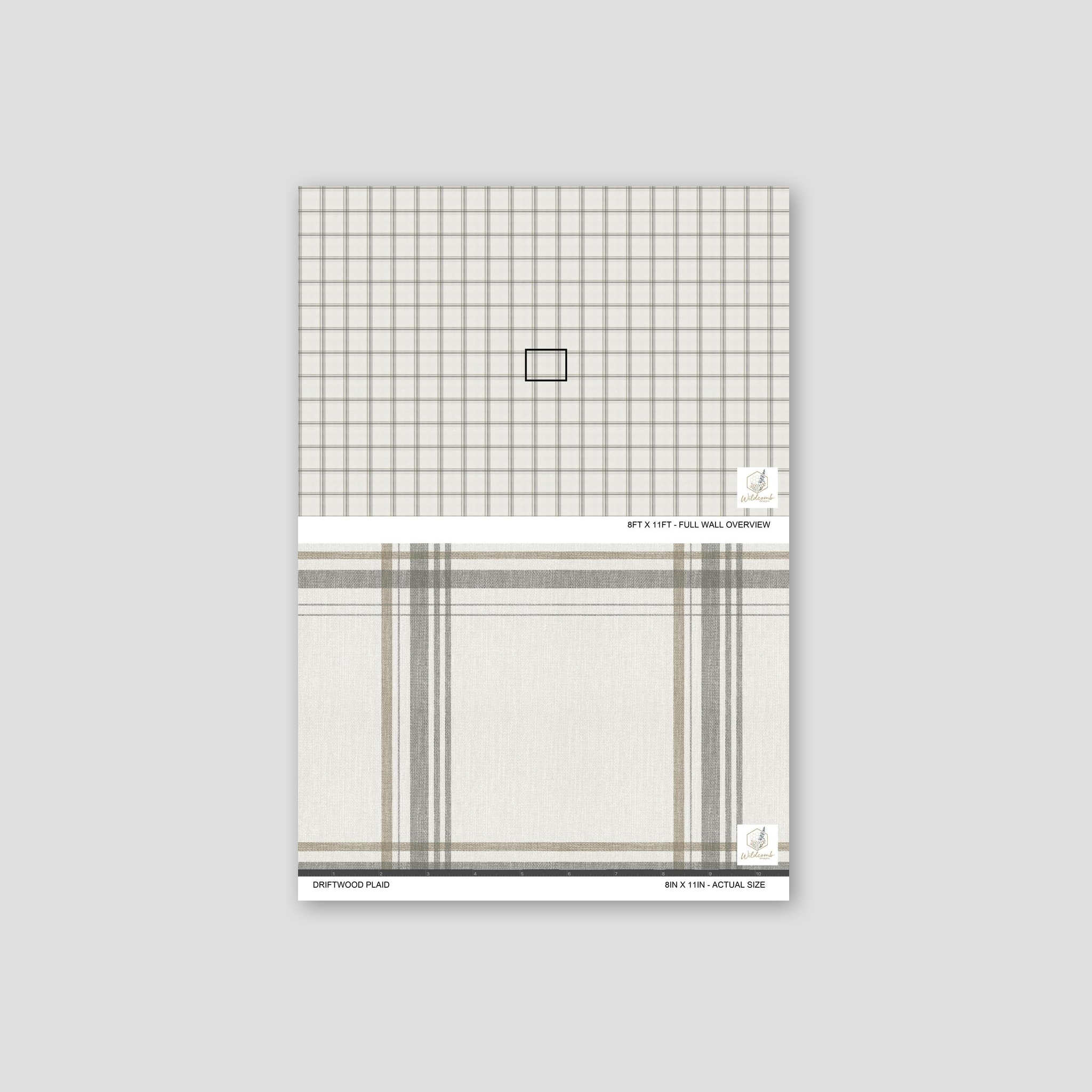 Driftwood Plaid wallpaper sample in soft neutrals with classic plaid design.