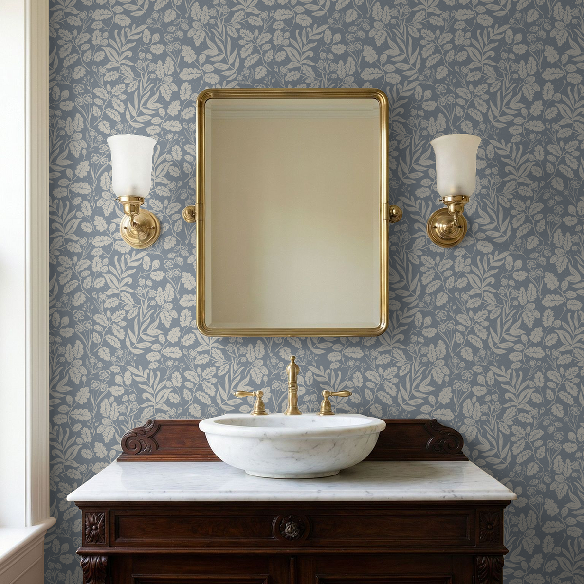 Dusty blue wallpaper with white oak leaves and acorns in elegant bathroom setting.