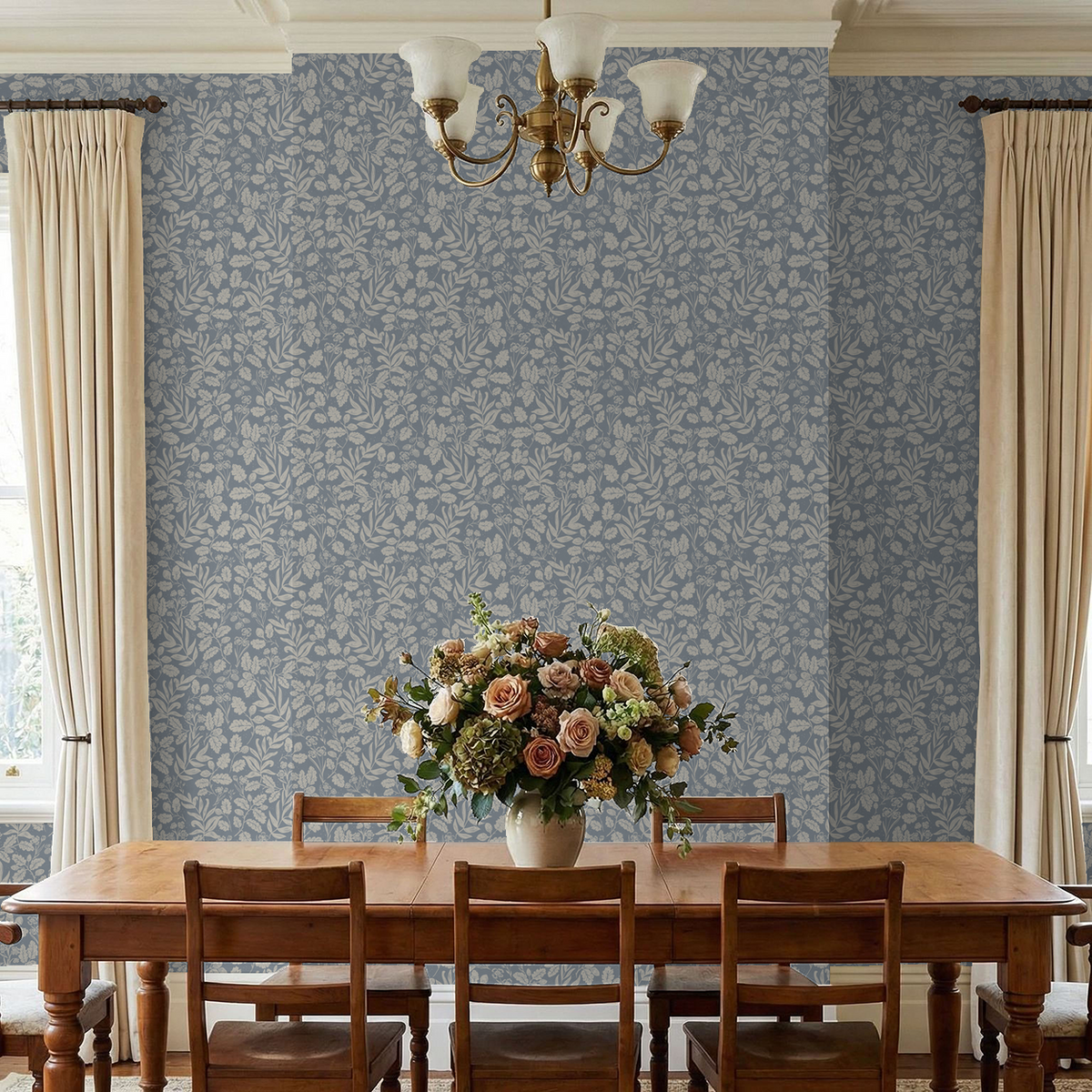 Dusty blue wallpaper with oak leaves and acorns in elegant dining room setting.
