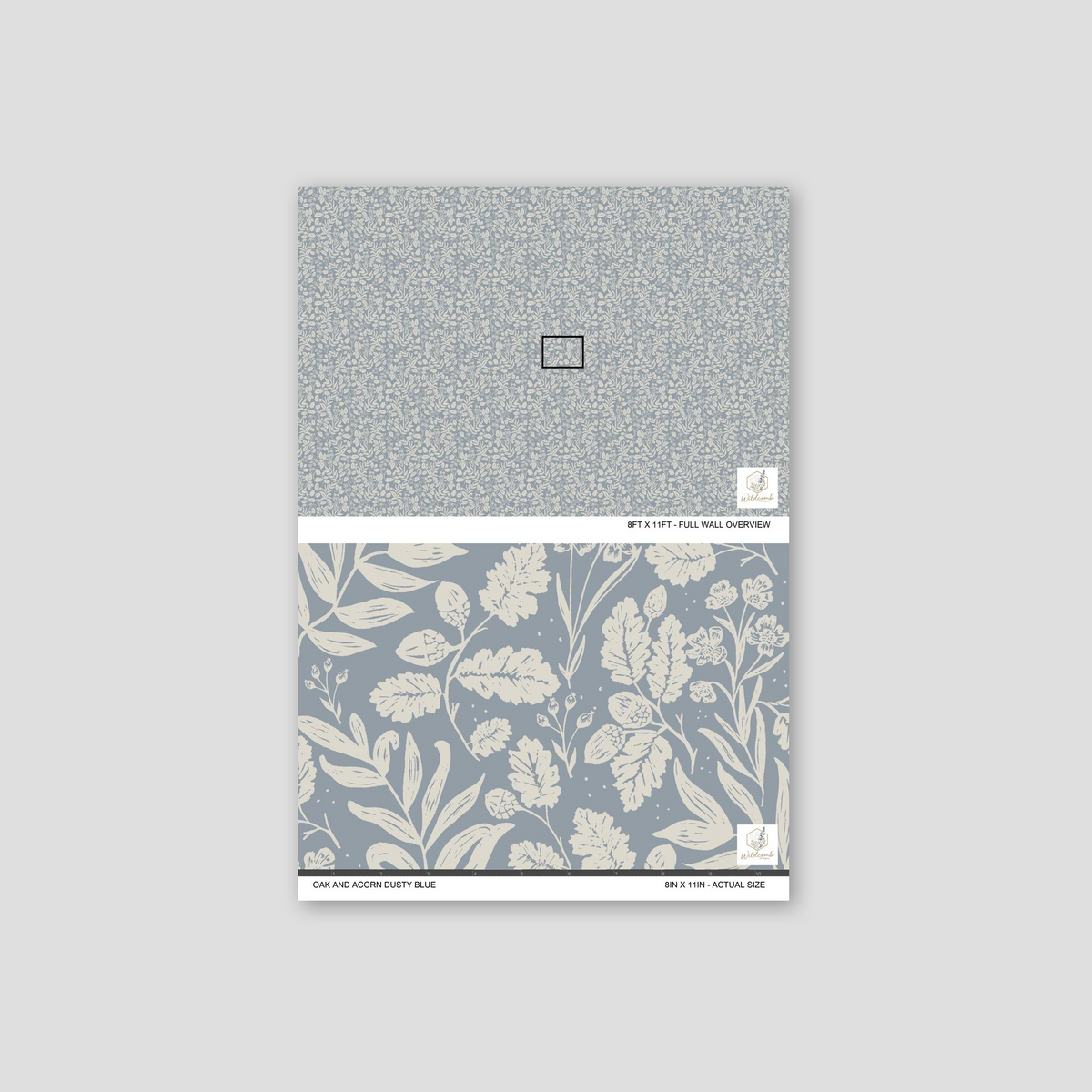 Dusty blue wallpaper with white oak leaves and acorns pattern, nature-inspired design.