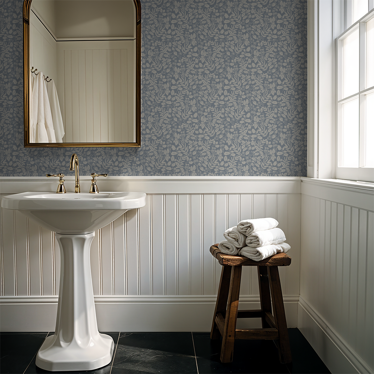 Dusty blue wallpaper with oak leaves in elegant bathroom setting.