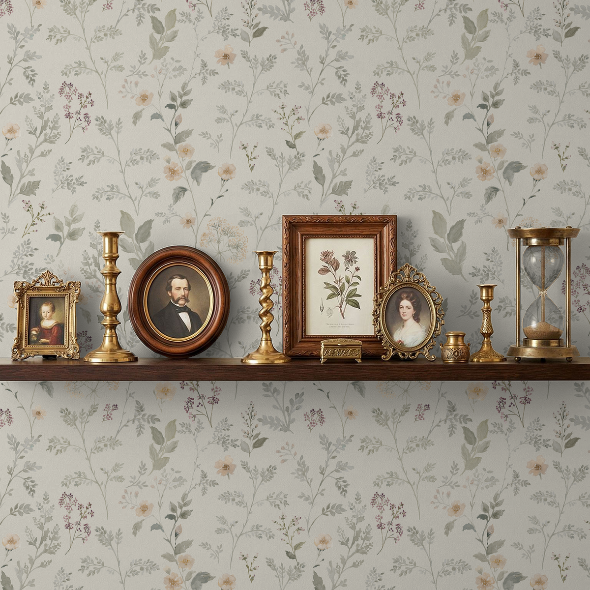 English country wildflower wallpaper with vintage botanical decor, brass candlesticks and framed art