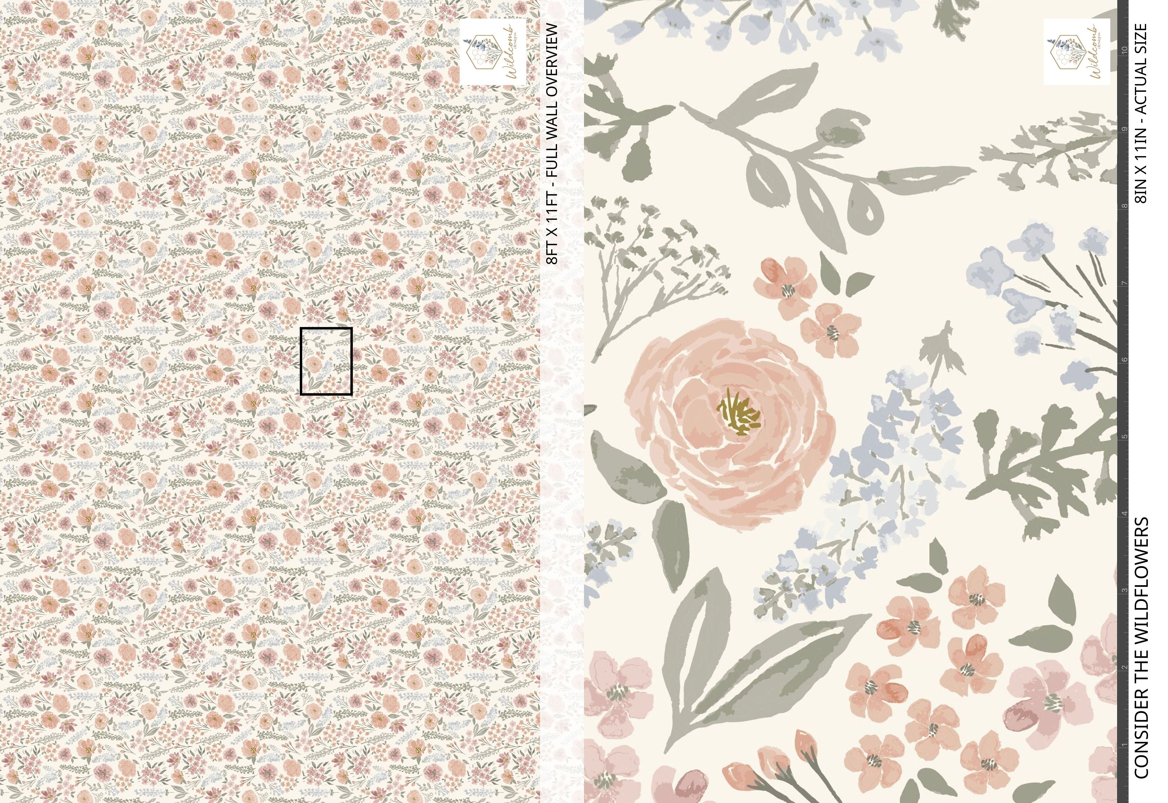 Consider the Wildflowers wallpaper pattern overview and close-up, showing hand-painted roses, larkspur, and peonies in peach, lavender, and sage.