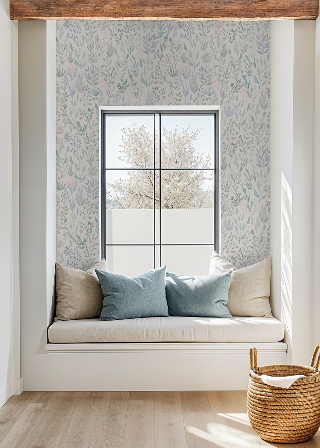 Floral pastel wallpaper with seaweed and coral in cozy window nook with cushions and basket