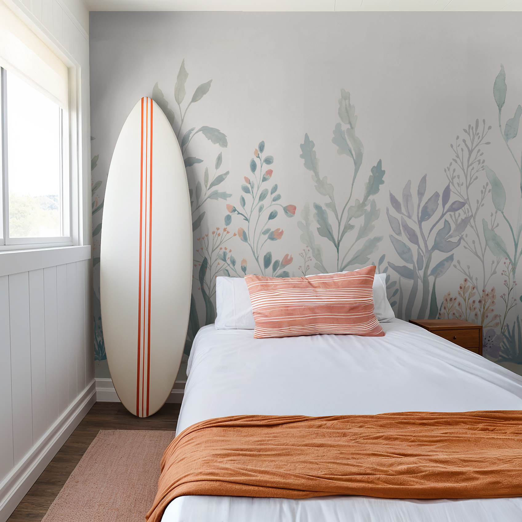 Pastel coastal botanical mural with seaweed, coral, and lavender accents in a serene bedroom setting.