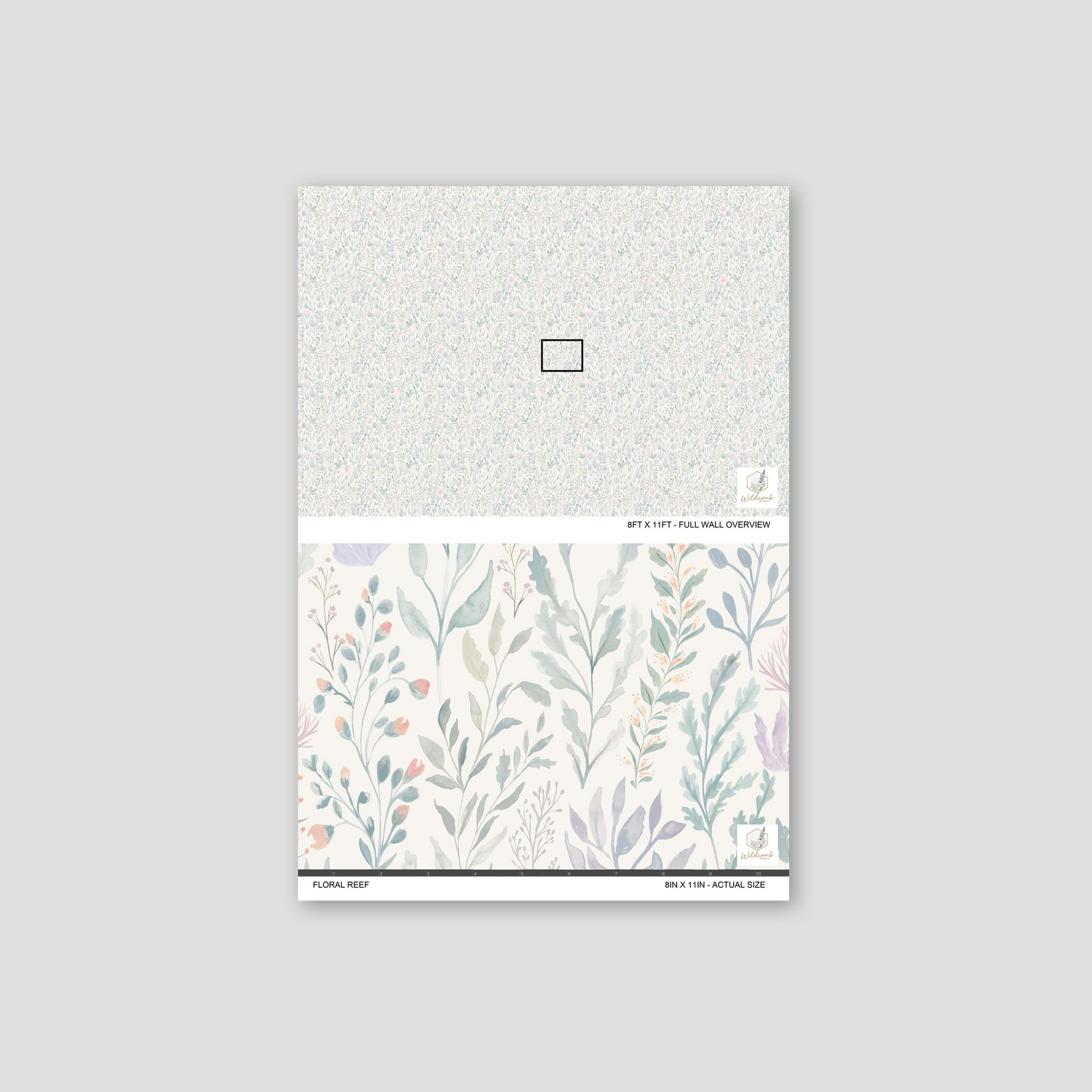Floral Reef wallpaper with pastel botanical motifs in soft greens and pinks.