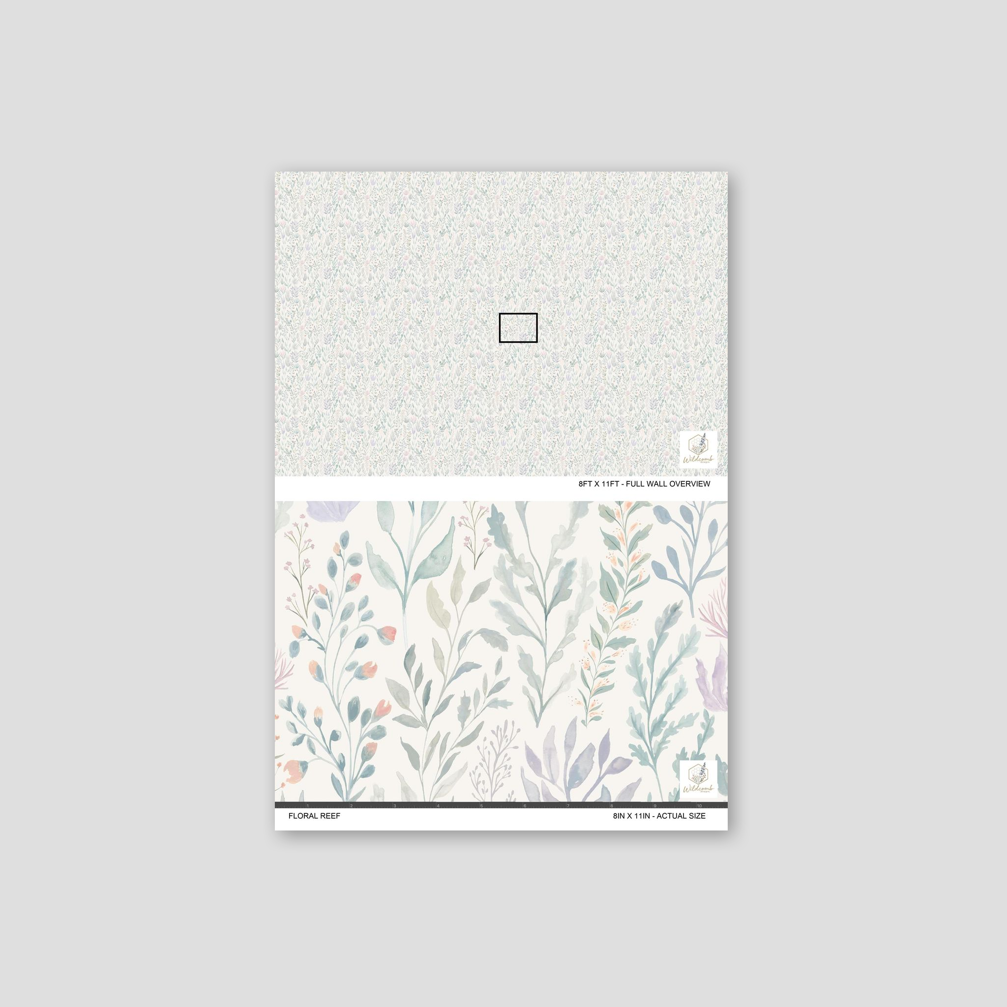 Floral Reef wallpaper with pastel botanical motifs in soft greens and pinks.
