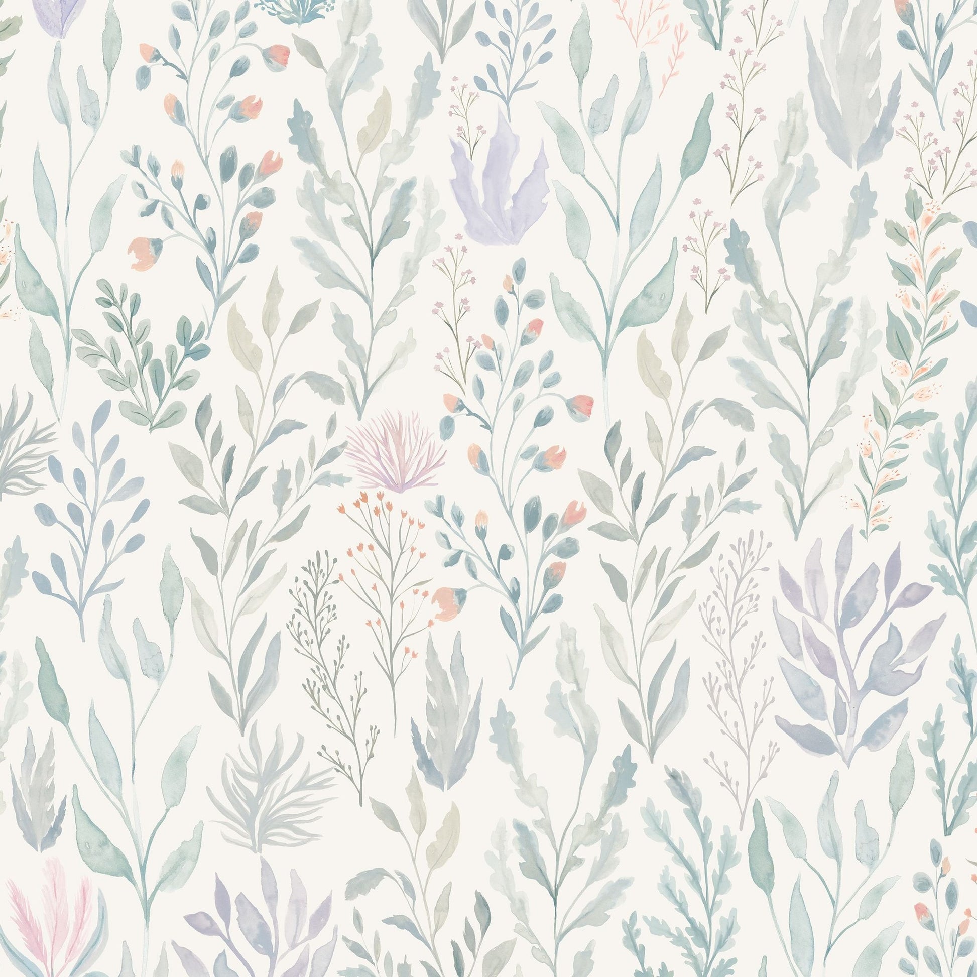 Floral Reef wallpaper with delicate pastel botanical motifs on a light background.