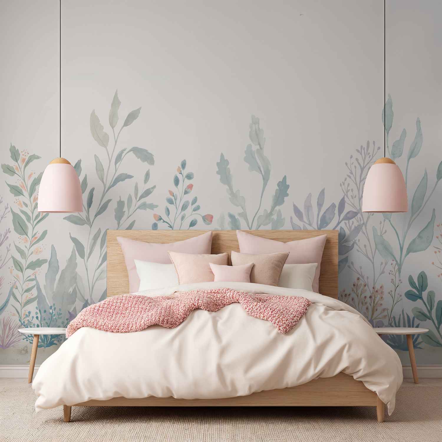 Floral Reef mural with pastel underwater botanicals, coral, and sea garden foliage in a soft bedroom setting.