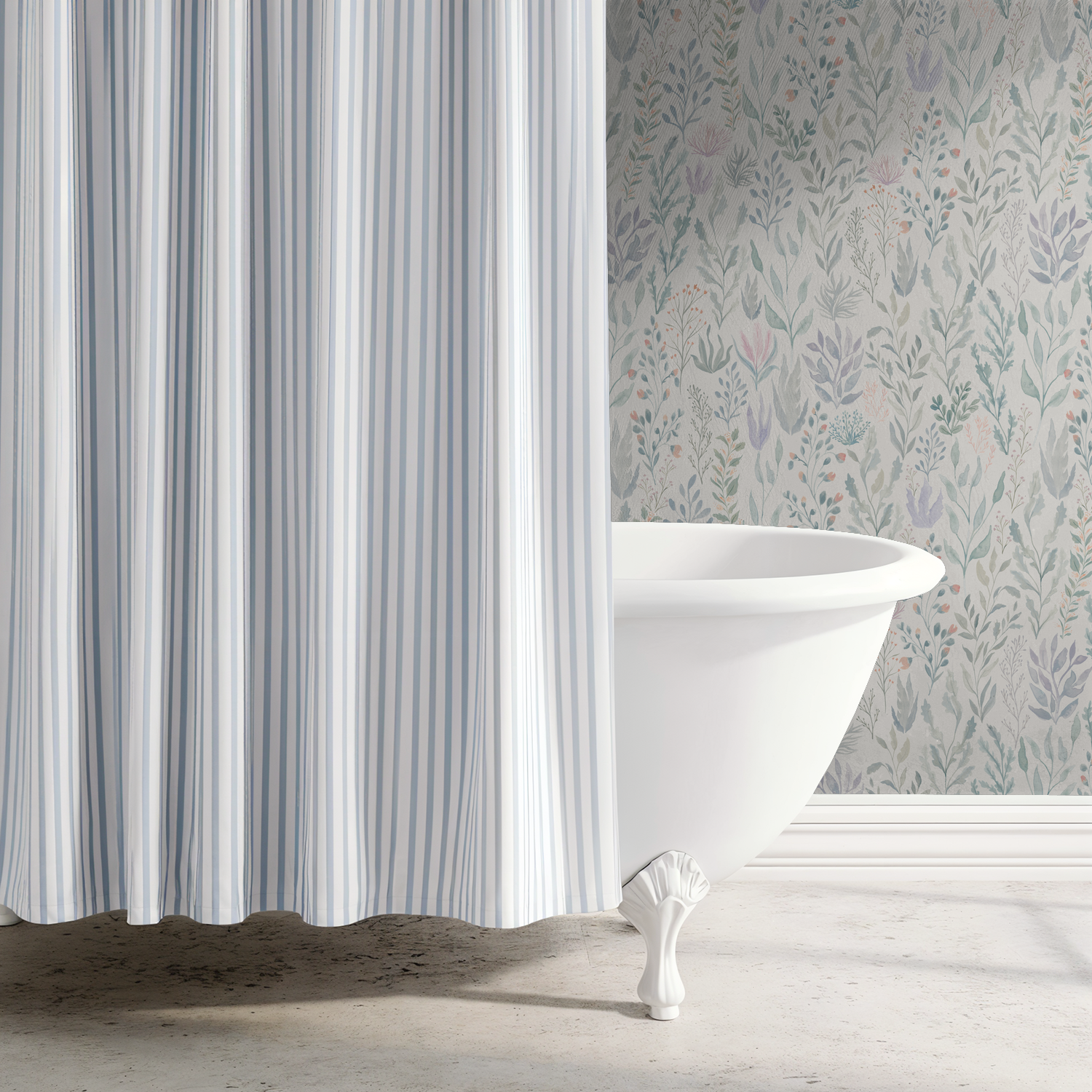 Ocean Floral wallpaper with seafoam and lavender hues in a coastal bathroom with a clawfoot tub.