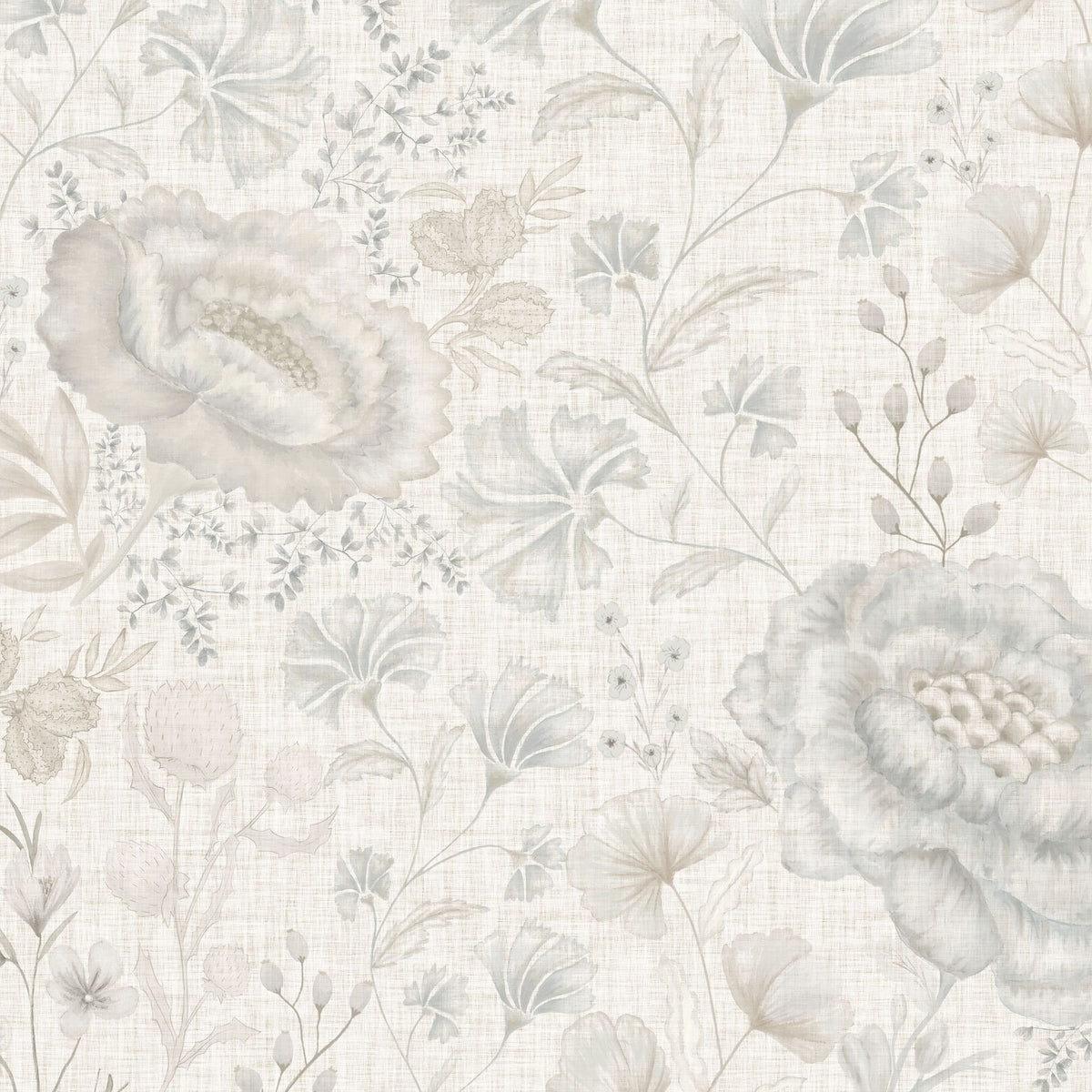 Close-up of Pottery & Linen Floral wallpaper showing misty blue flowers, oatmeal botanicals and linen-look texture.
