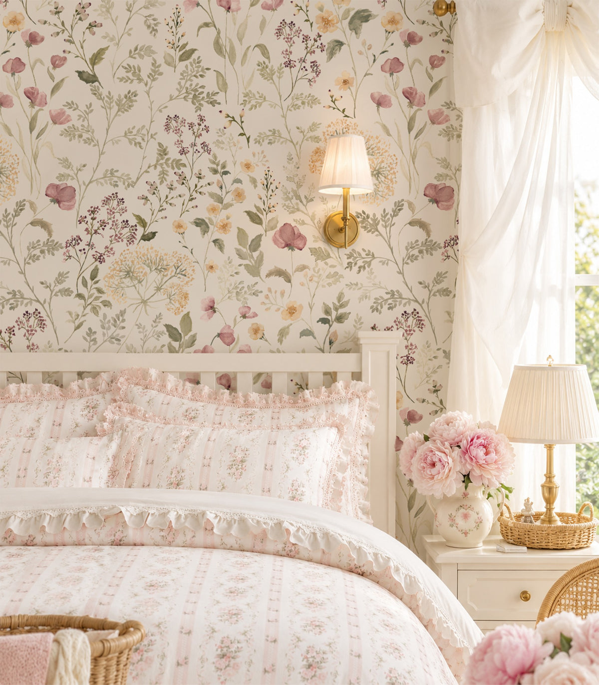 Floral wallpaper with wildflowers in a cozy bedroom setting, soft cream and pastel colors.