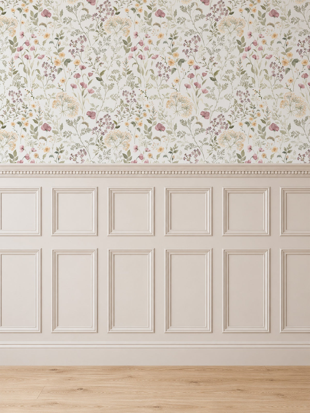 Floral wallpaper with wildflowers in soft sage, mauve, peach on cream background above wainscoting.