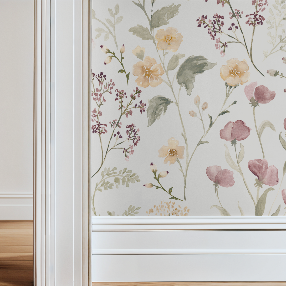 Floral wallpaper with hand-painted wildflowers in sage, mauve, and peach on cream background.