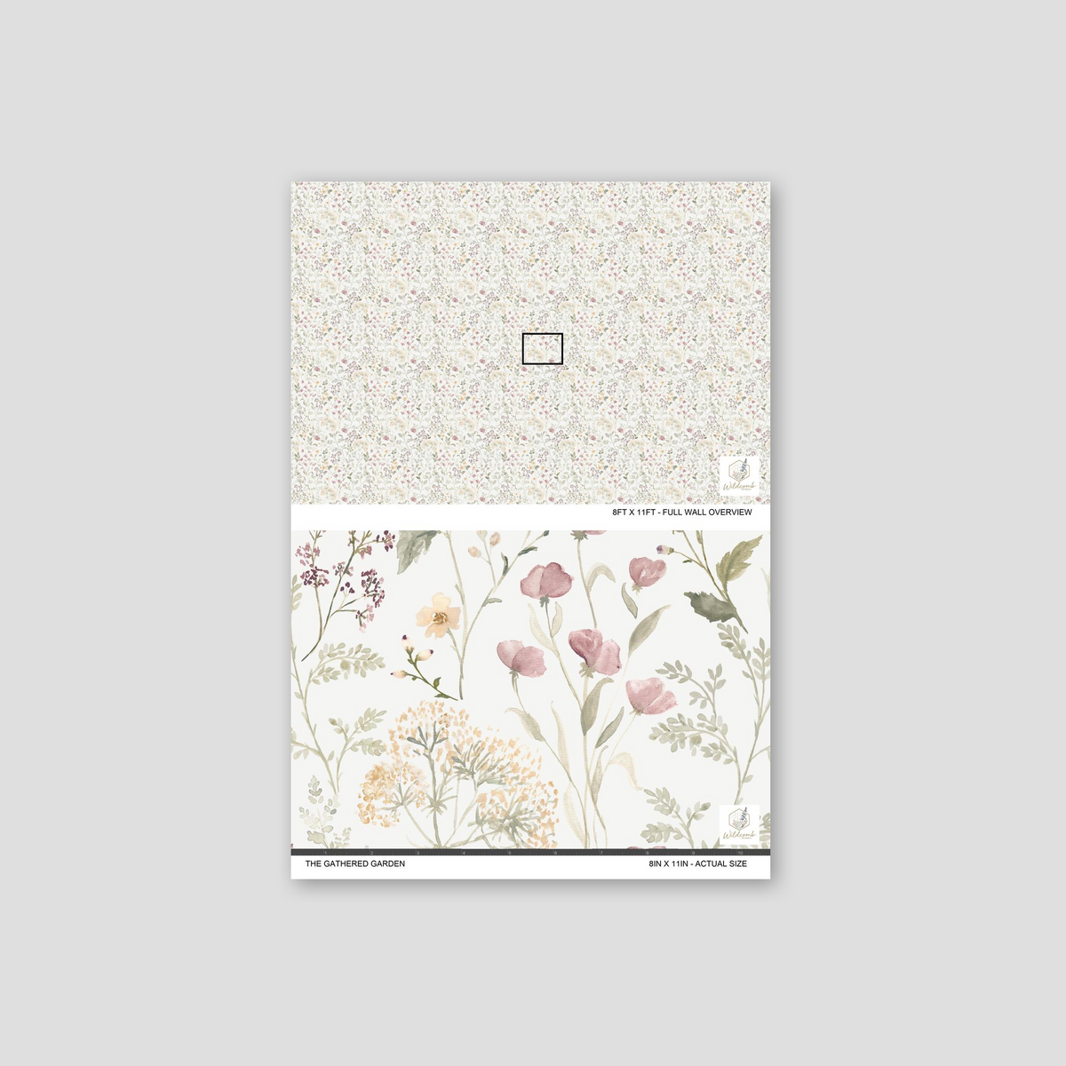 Floral wallpaper with hand-painted wildflowers in sage, mauve, peach on cream background.