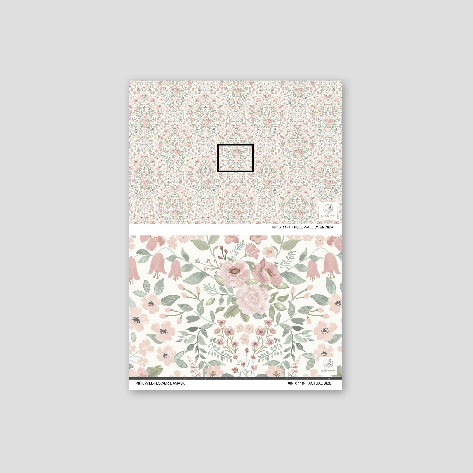 Close-up of blush floral wallpaper featuring hand-painted wildflowers and soft sage greenery.
