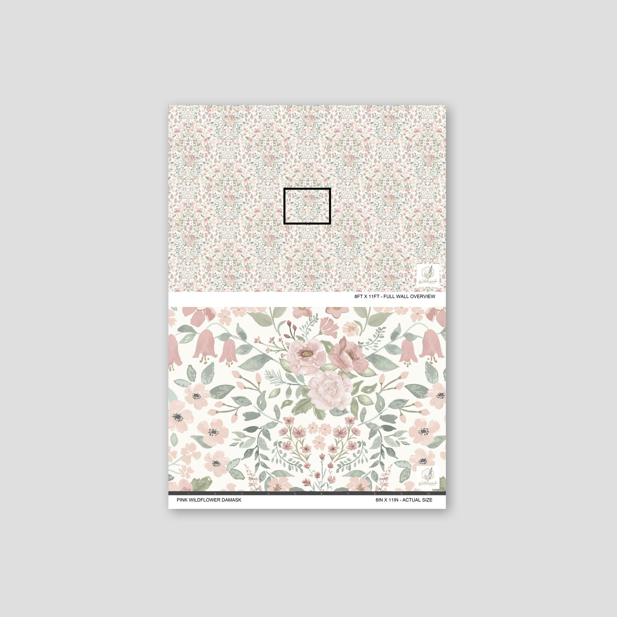Close-up of blush floral wallpaper featuring hand-painted wildflowers and soft sage greenery.