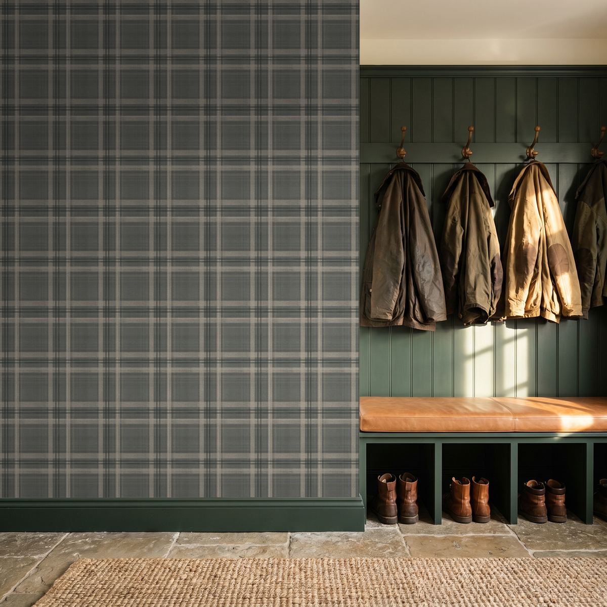 Lodge Plaid wallpaper in a boys' bedroom with vintage national park pennants, wood dresser and plaid bedding.