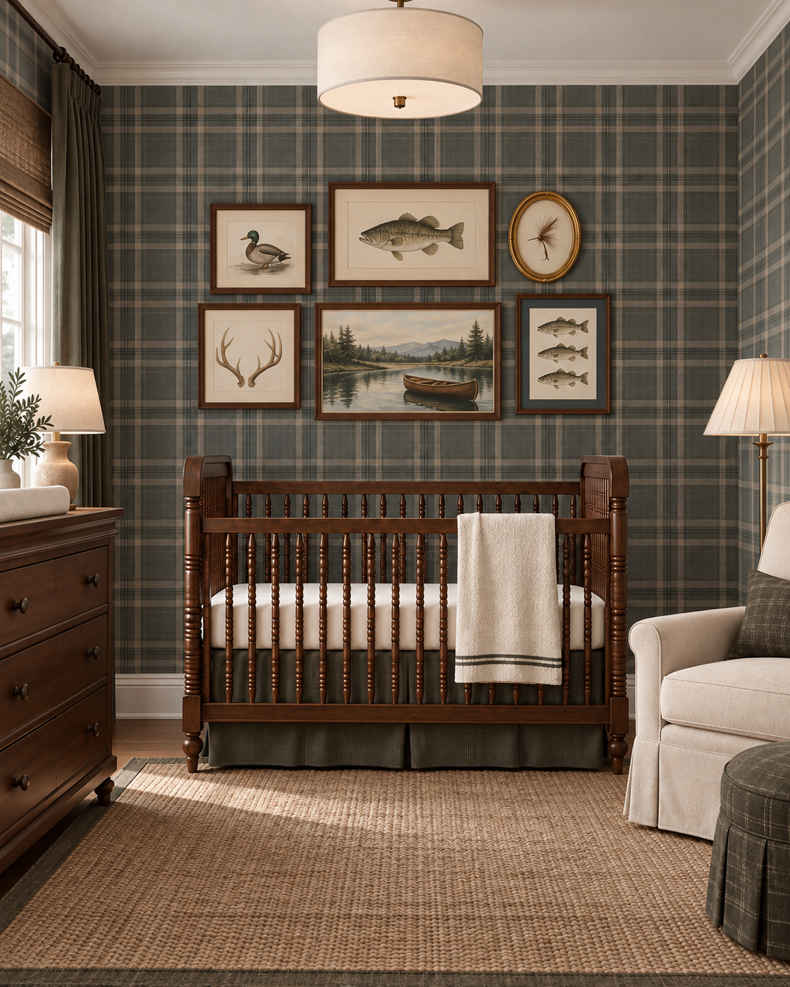 Lodge Plaid wallpaper in a heritage nursery with a walnut crib, vintage fishing gallery wall and grey-green plaid.