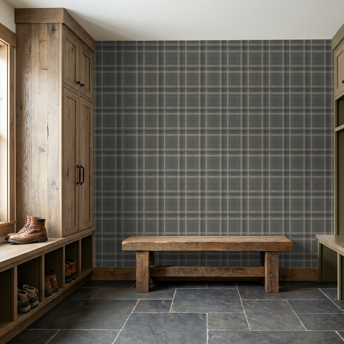 Lodge Plaid wallpaper in a rustic mudroom with natural wood lockers, boot storage and a wooden bench.