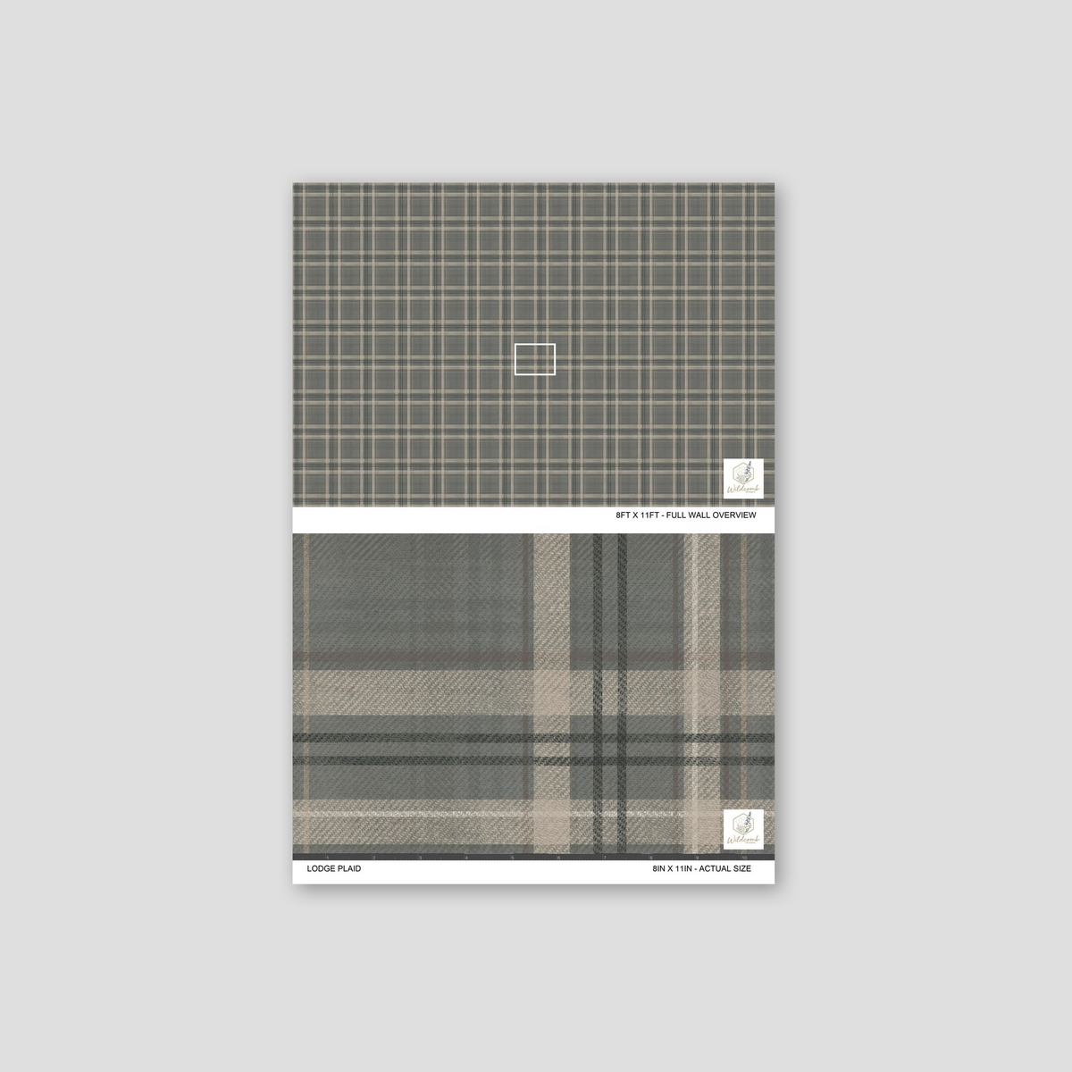 Lodge Plaid wallpaper scale overview and close-up showing its slate grey-green checks, taupe stripes and woven-look texture.