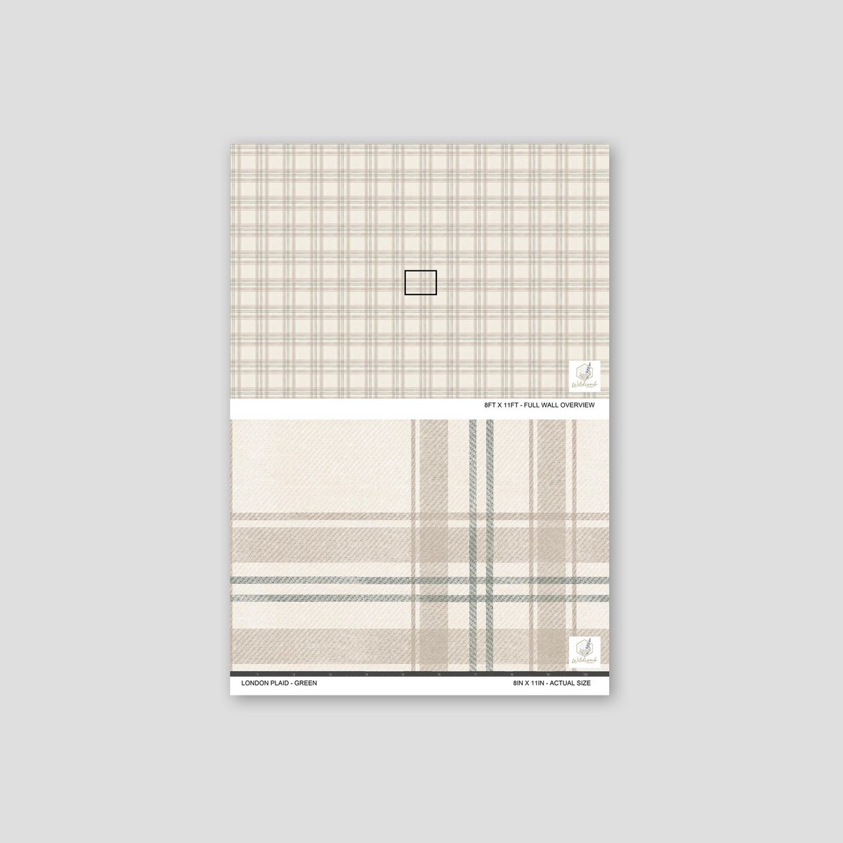 London Plaid Green wallpaper with beige and green plaid pattern sample.