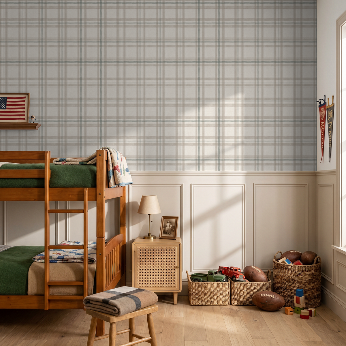 London Plaid Green wallpaper in a cozy kids' room with bunk bed and toys.