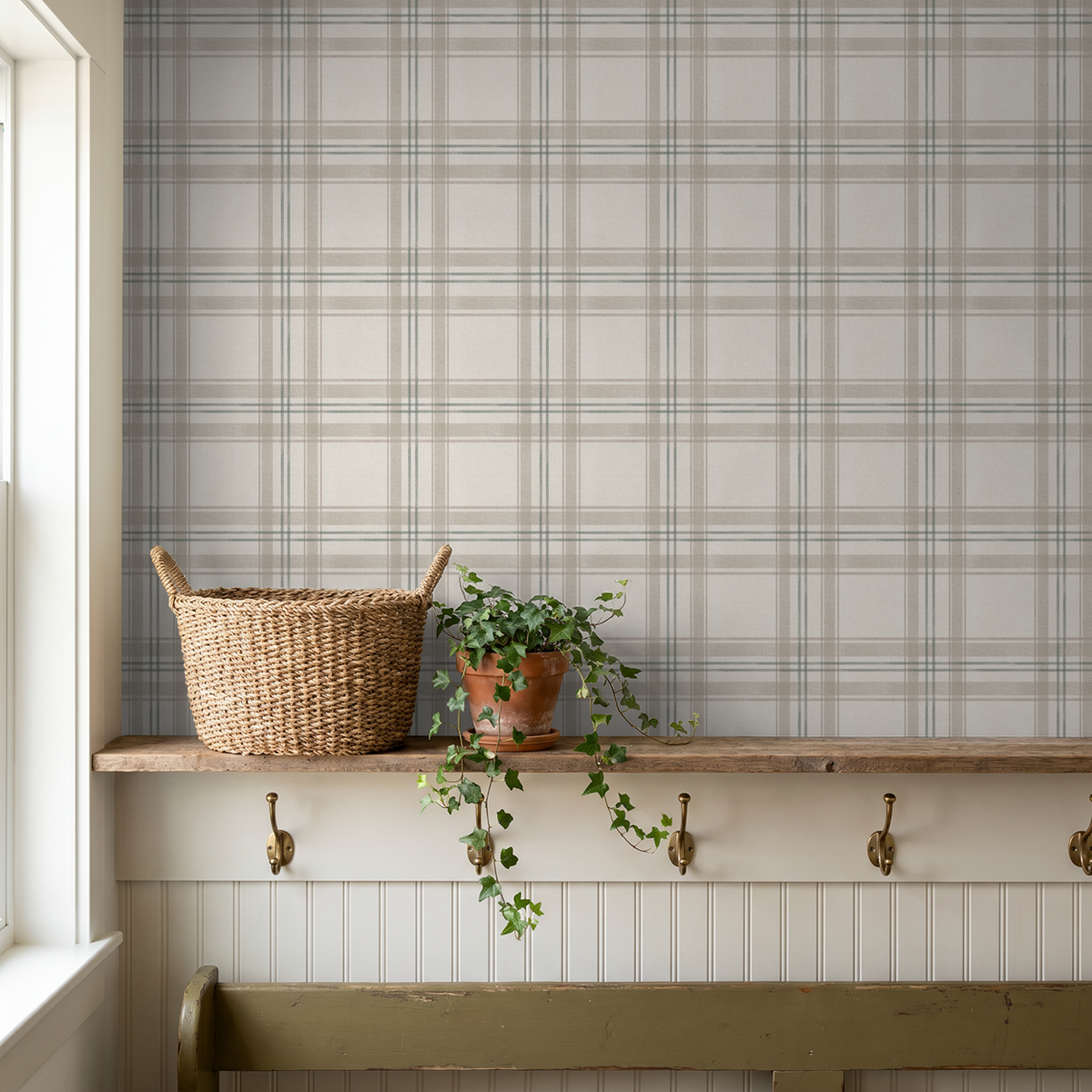 London Plaid green wallpaper in rustic setting with basket and plant