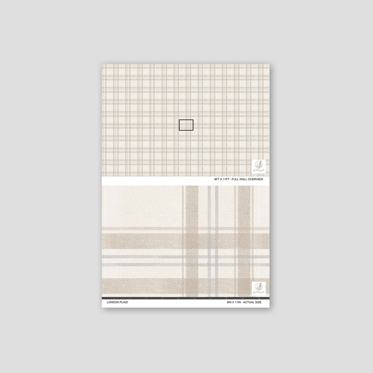 London Plaid wallpaper sample with taupe and cream plaid pattern.