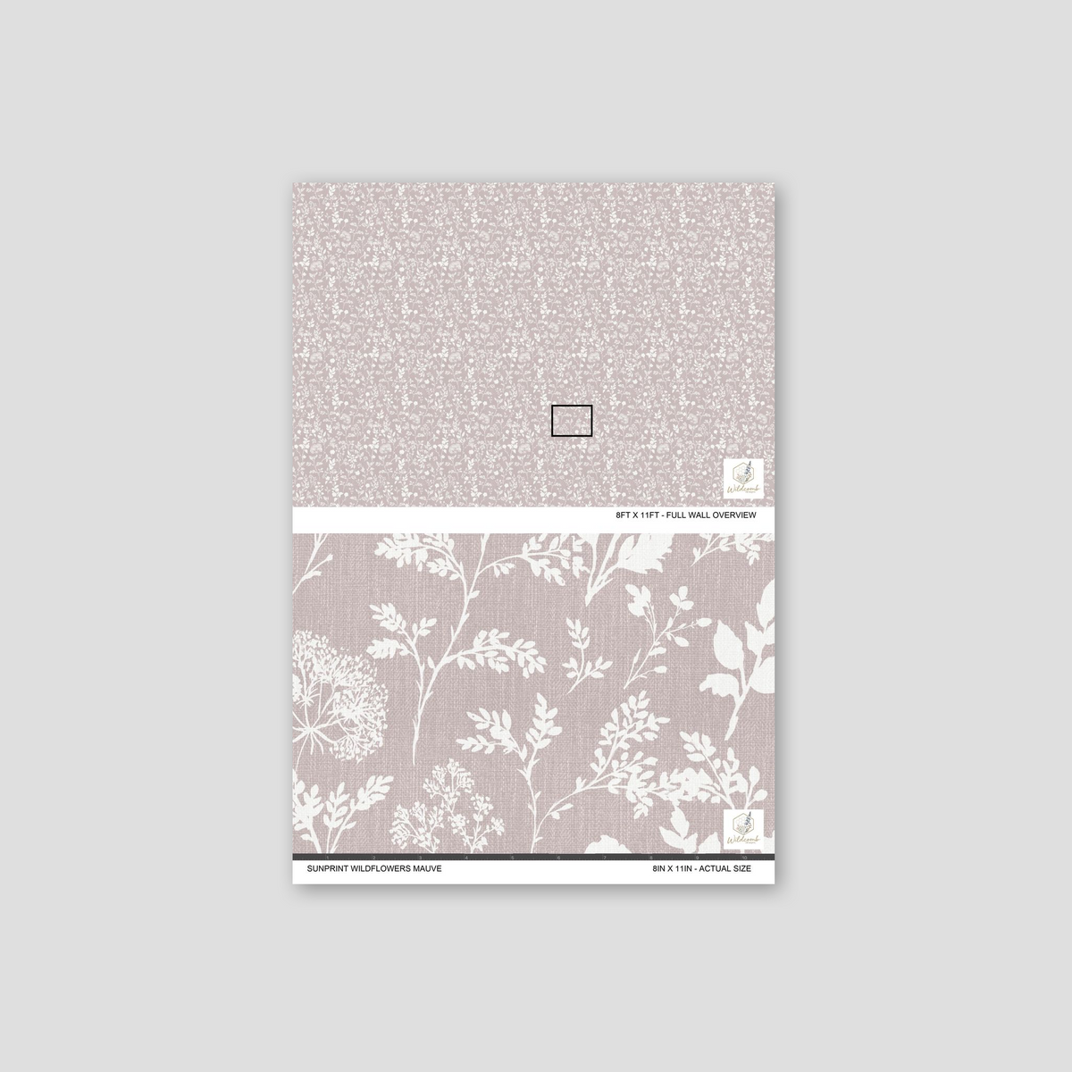 Mauve wallpaper with white botanical silhouettes, floral pattern sample.