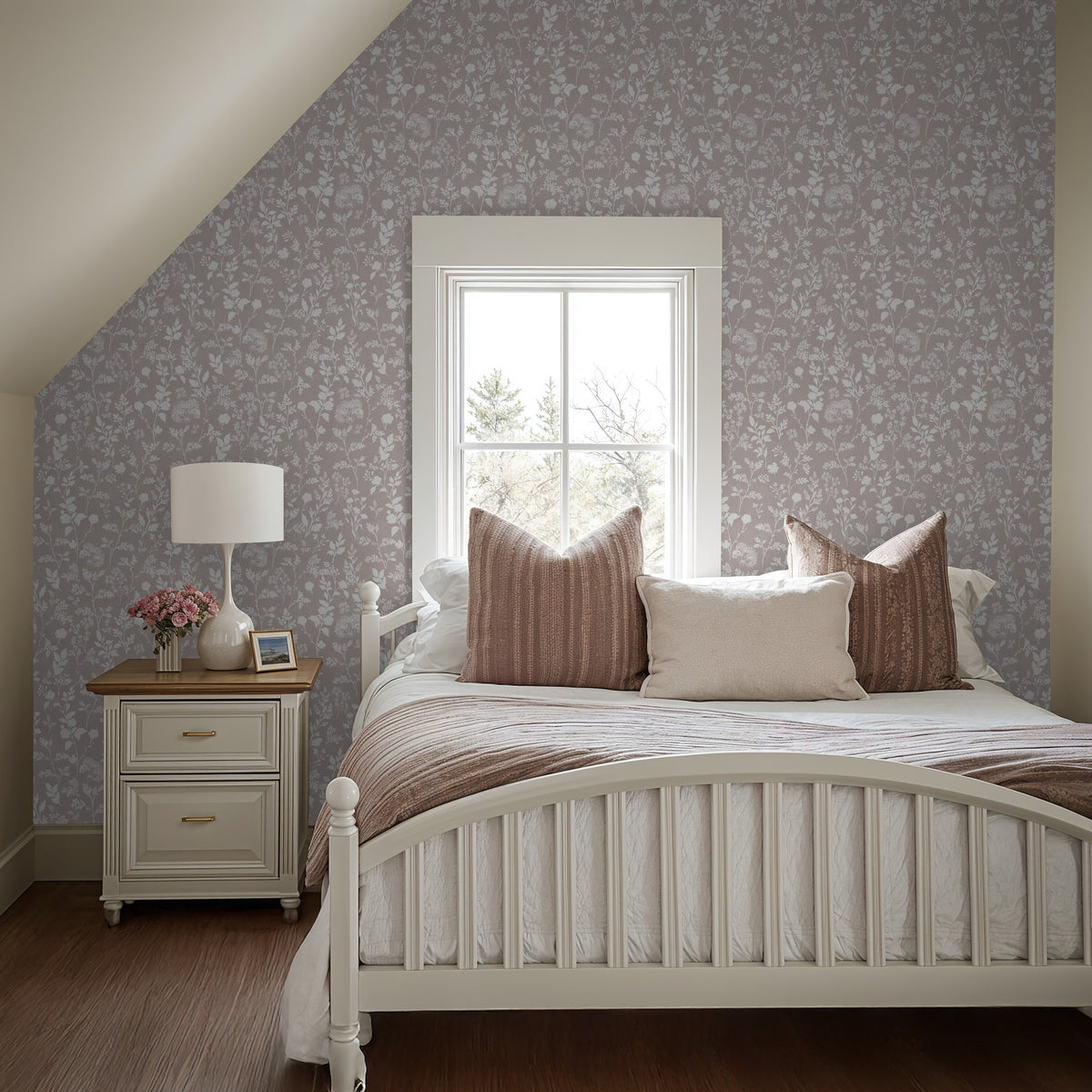 Mauve floral wallpaper with white botanical pattern in cozy bedroom setting.