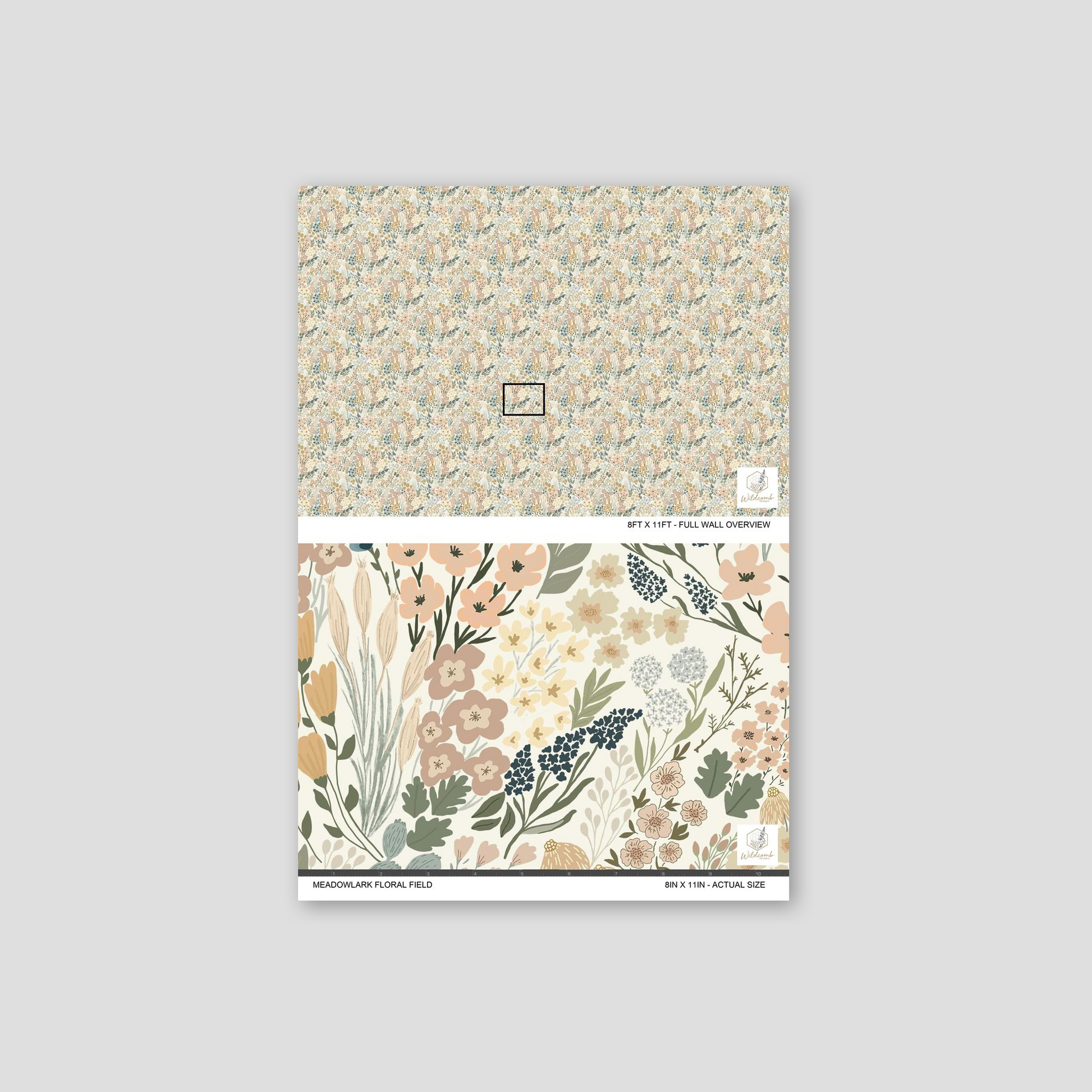 Meadowlark Floral Field wallpaper with pastel wildflowers and greenery in a botanical pattern.