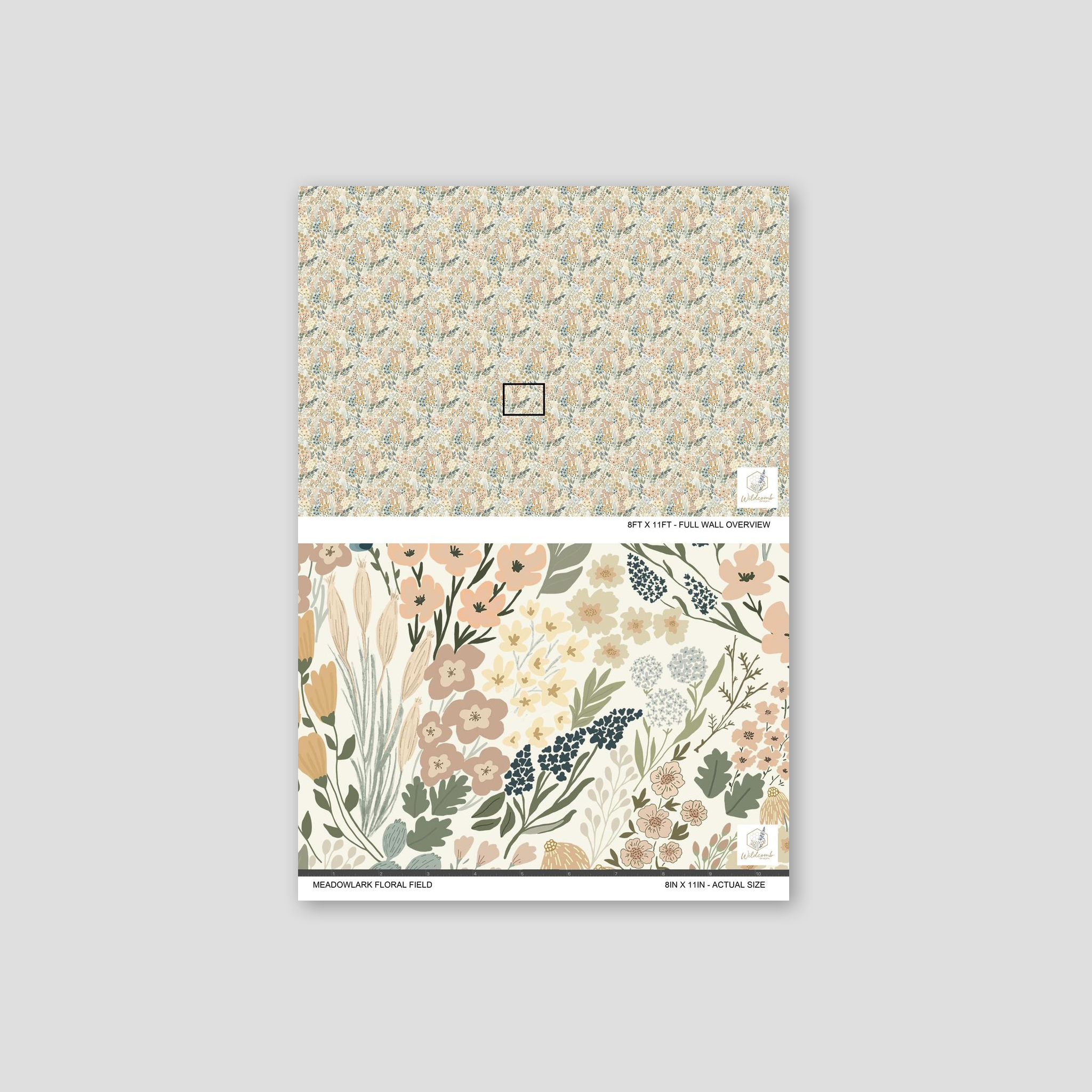 Meadowlark Floral Field wallpaper with pastel wildflowers and greenery in a botanical pattern.