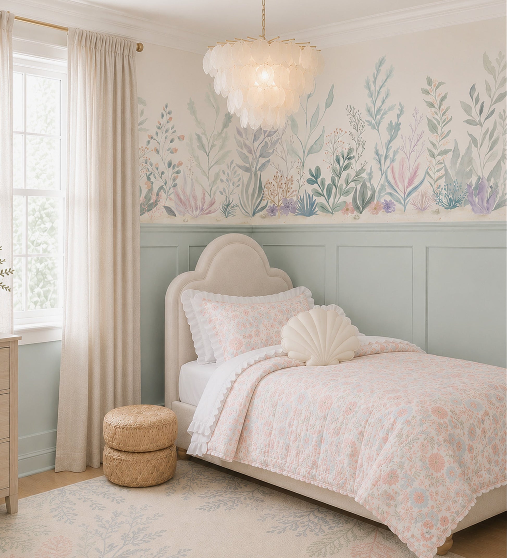 Girlie Coastal Beachy bedroom with Ocean floral reef mural wallpaper, seafoam panelling, scalloped upholstered bed and shell pillow.