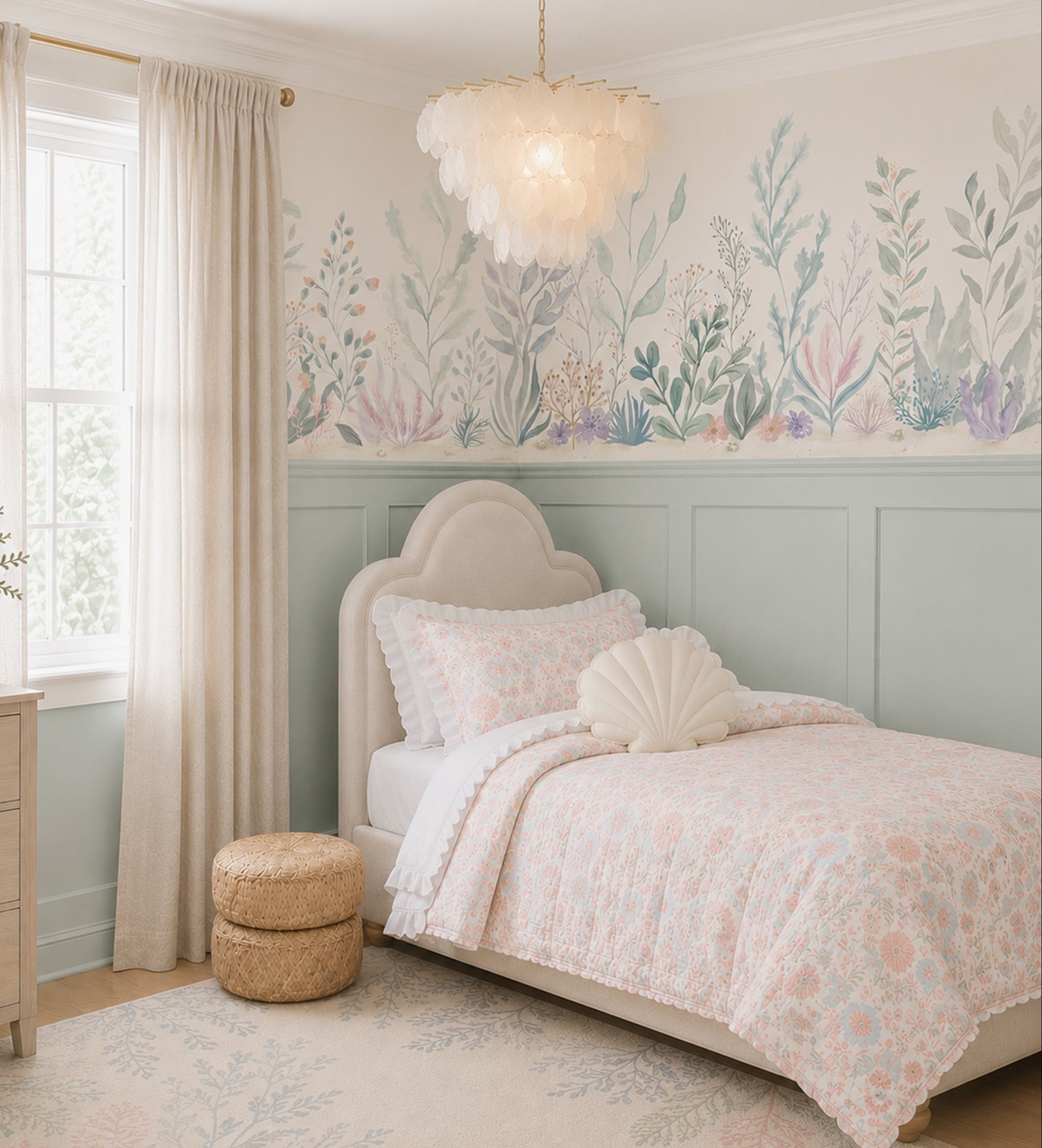 Girlie Coastal Beachy bedroom with Ocean floral reef mural wallpaper, seafoam panelling, scalloped upholstered bed and shell pillow.
