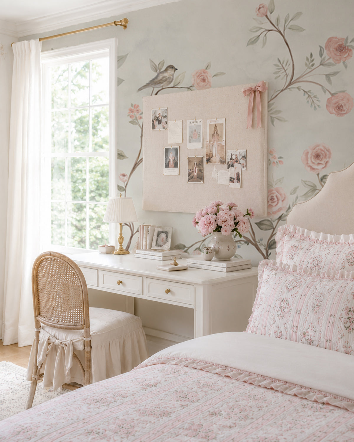 A beautifully styled bedroom featuring a light pink floral wallpaper with birds and flowers, a white writing desk with a wicker chair, a bed with pink floral bedding, and a corkboard on the wall.