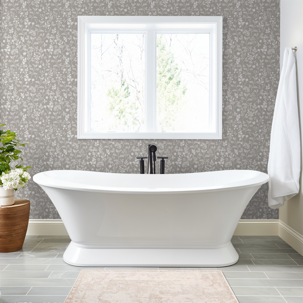 Mushroom wildflower wallpaper in elegant bathroom with white tub