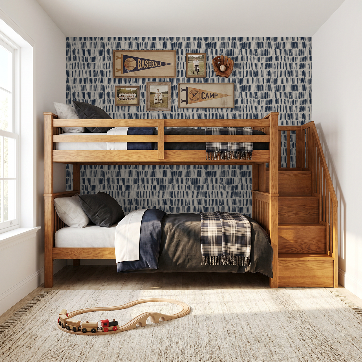 Navy abstract brushstroke wallpaper in a cozy boys' bedroom with bunk bed.