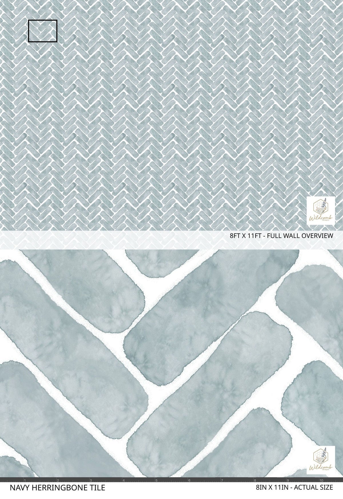 Navy herringbone tile wallpaper with soft geometric pattern in muted tones.