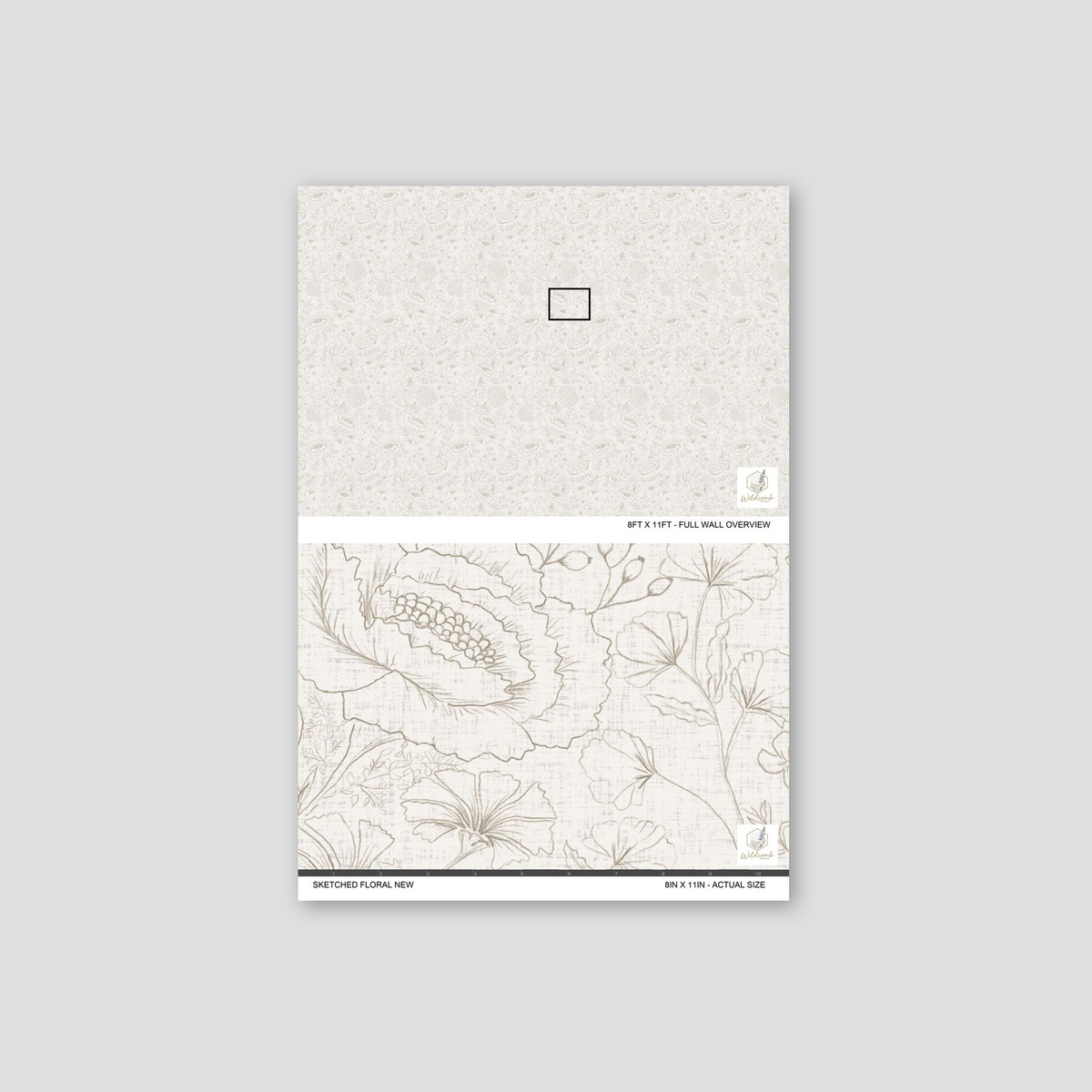 Neutral sketched floral wallpaper with delicate botanical patterns.