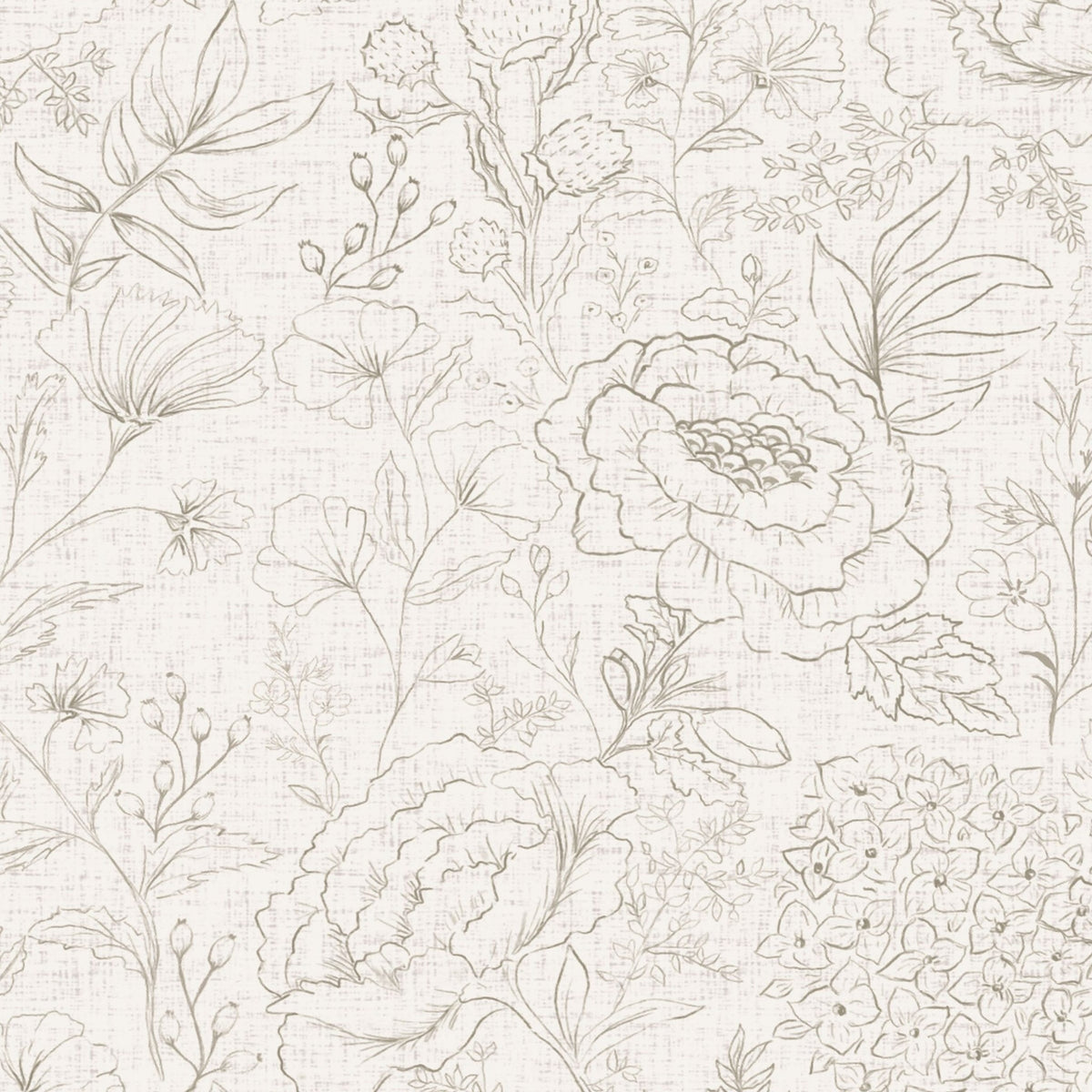 Close-up of Pottery & Linen Sketch wallpaper showing delicate hand-drawn flowers and foliage on a textured cream ground.
