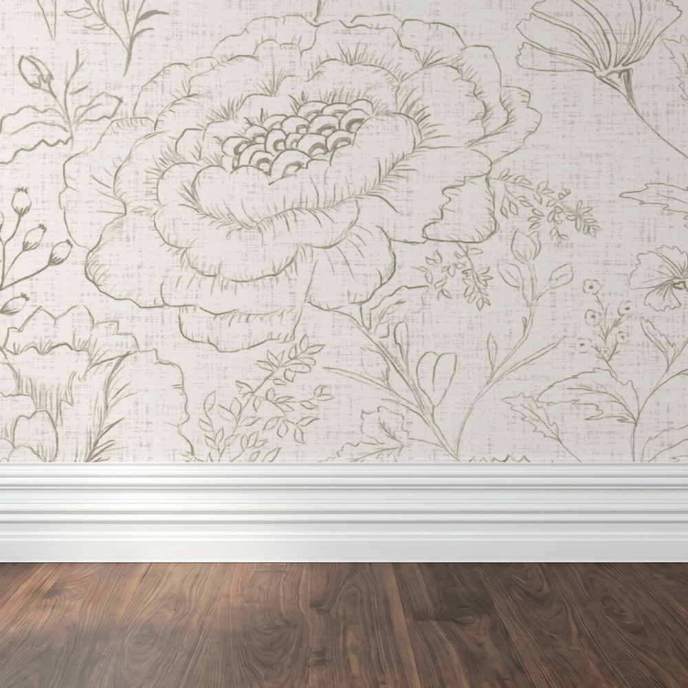 Pottery & Linen Sketch wallpaper with oversized botanical line drawings in warm taupe on a cream linen-look background.