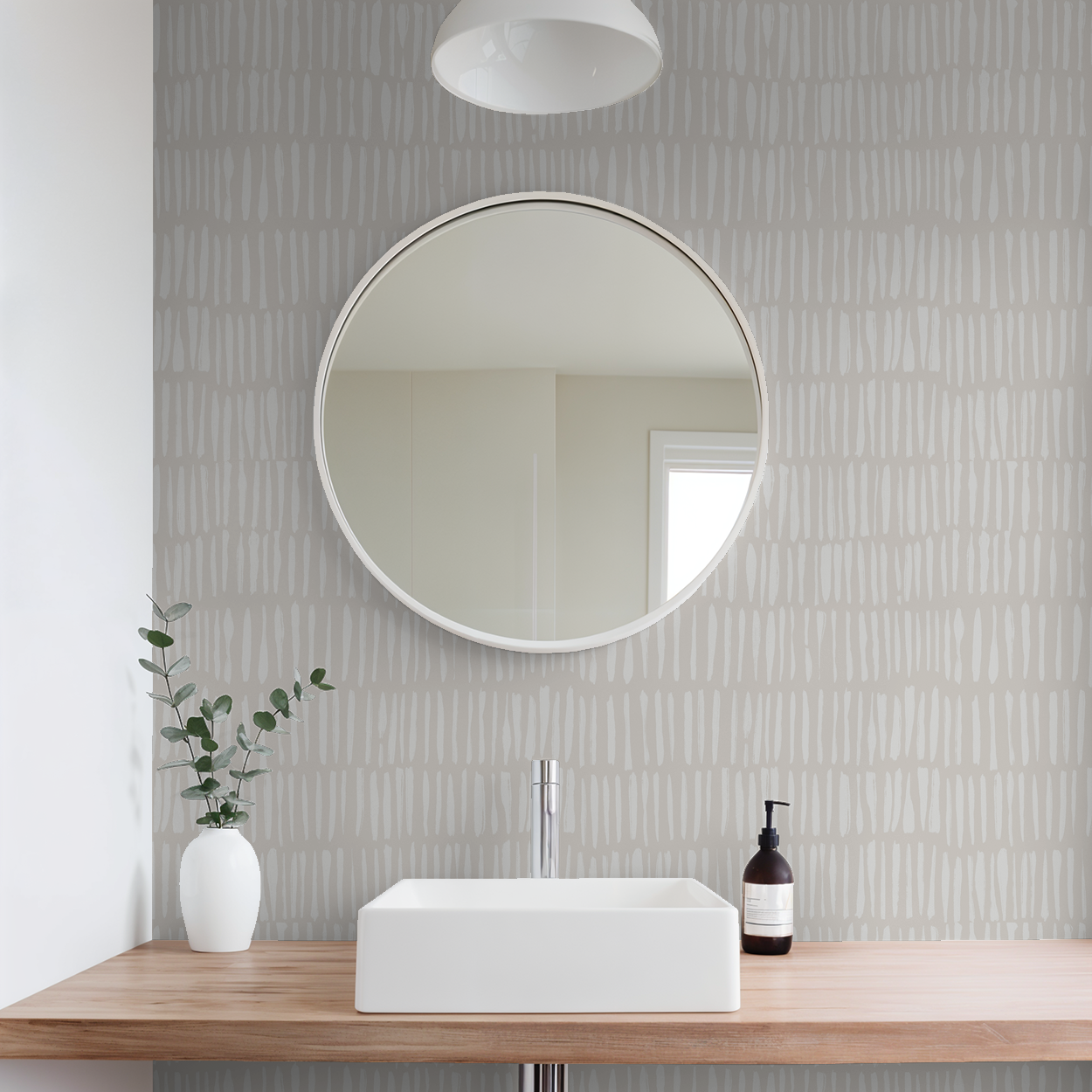 Nimbus Veil Greige wallpaper with linear strokes in modern bathroom setting.