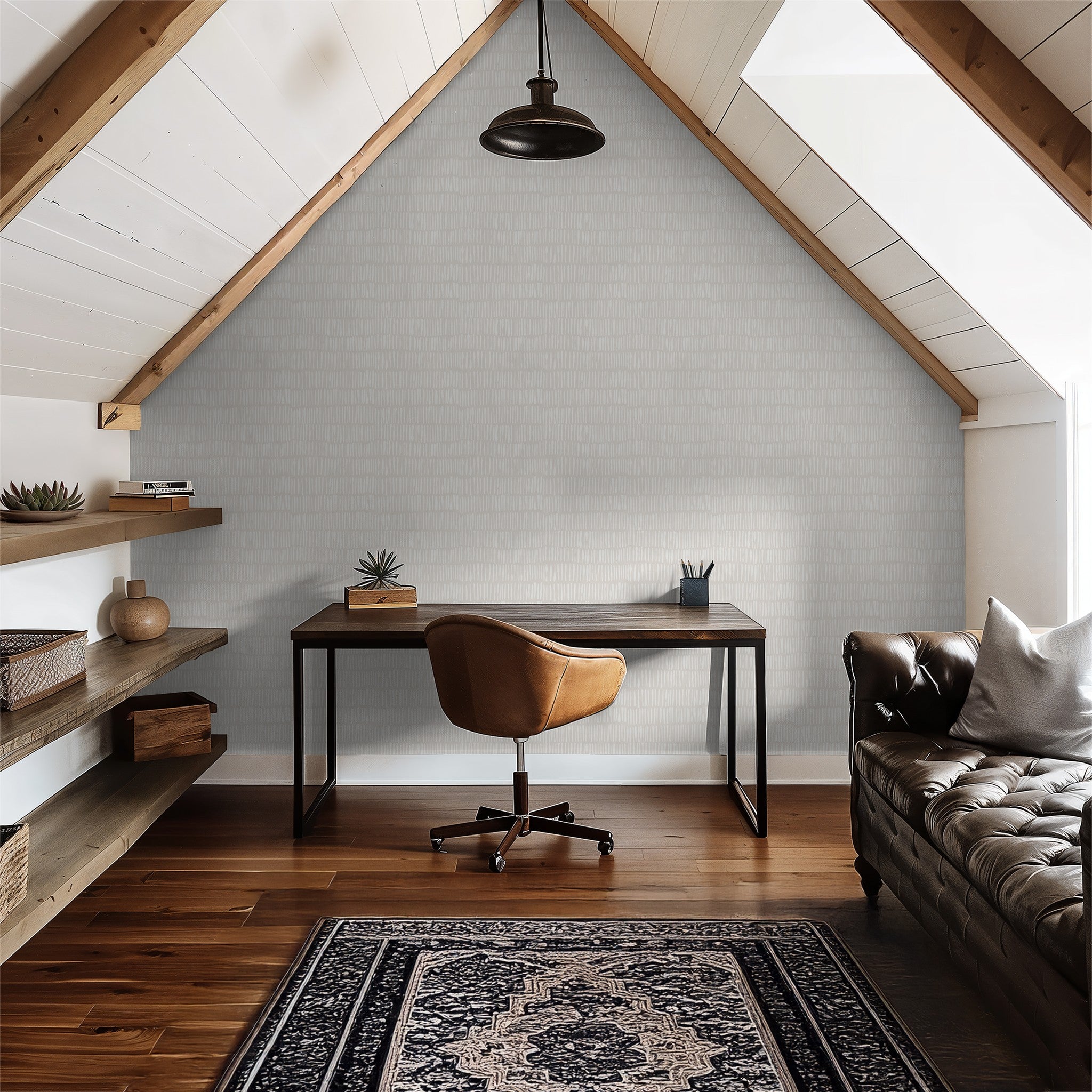 Nimbus Veil Greige wallpaper in a modern attic office with wooden desk and leather chair.
